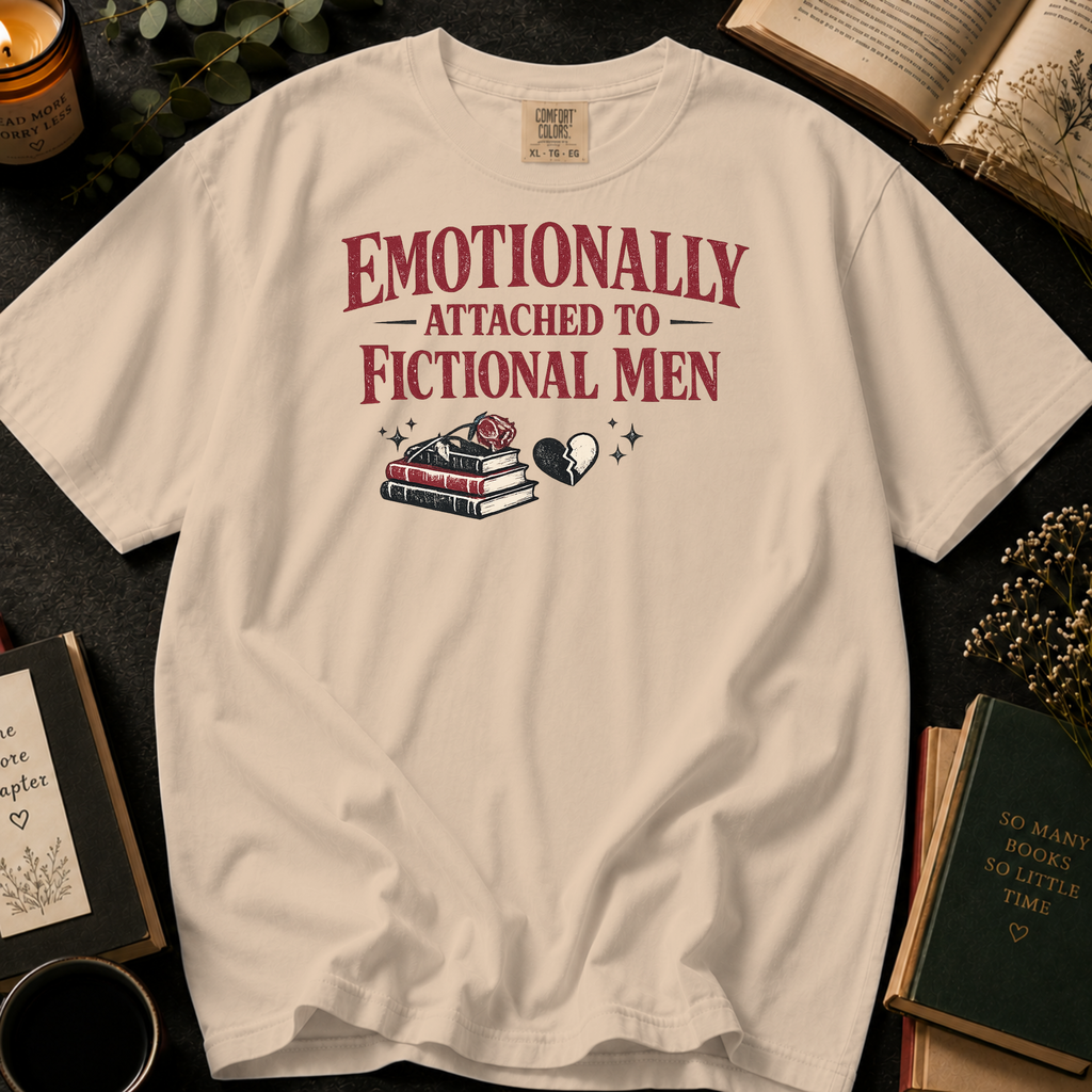 Emotionally Attached to Fictional Men T-Shirt: Broken Heart Book Stack in Ivory - Comfort Colors® T-Shirt
