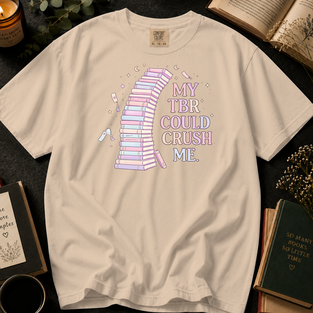 My TBR Could Crush Me T-Shirt: Pastel Leaning Book Tower in Ivory - Comfort Colors® T-Shirt