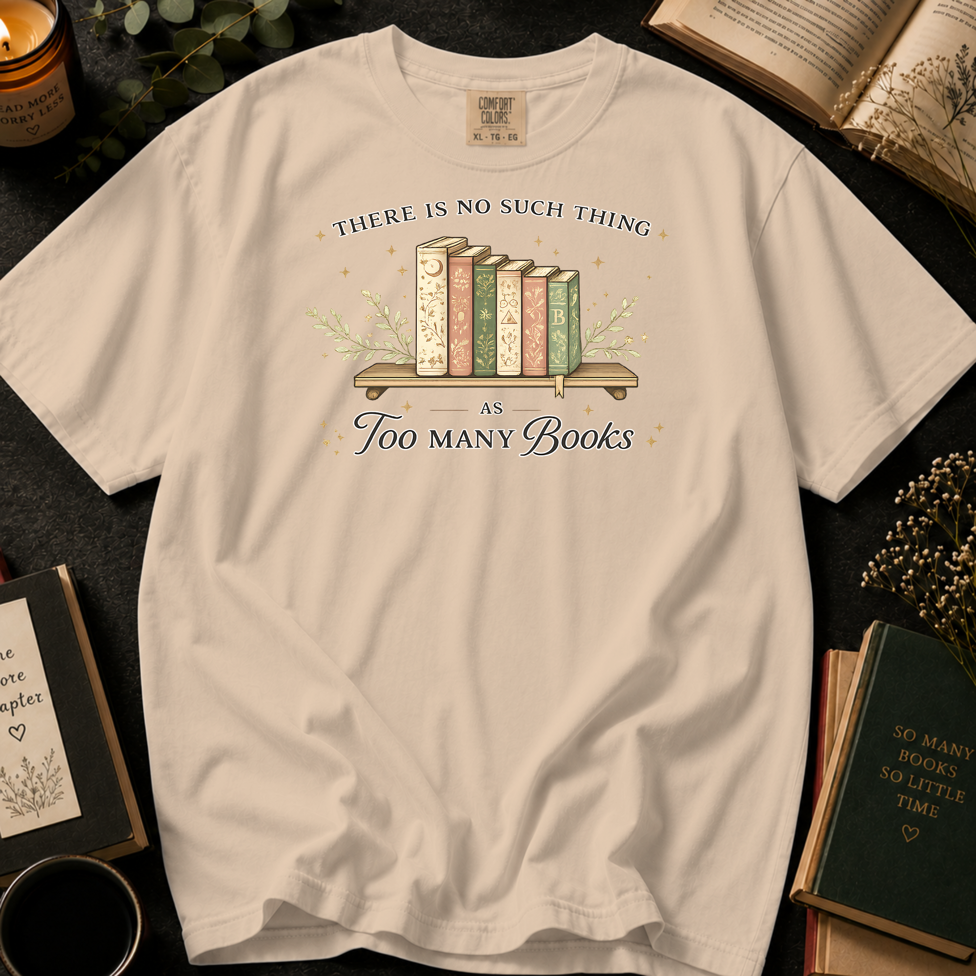There Is No Such Thing As Too Many Books T-Shirt: Vintage Bookshelf in Ivory - Comfort Colors® T-Shirt