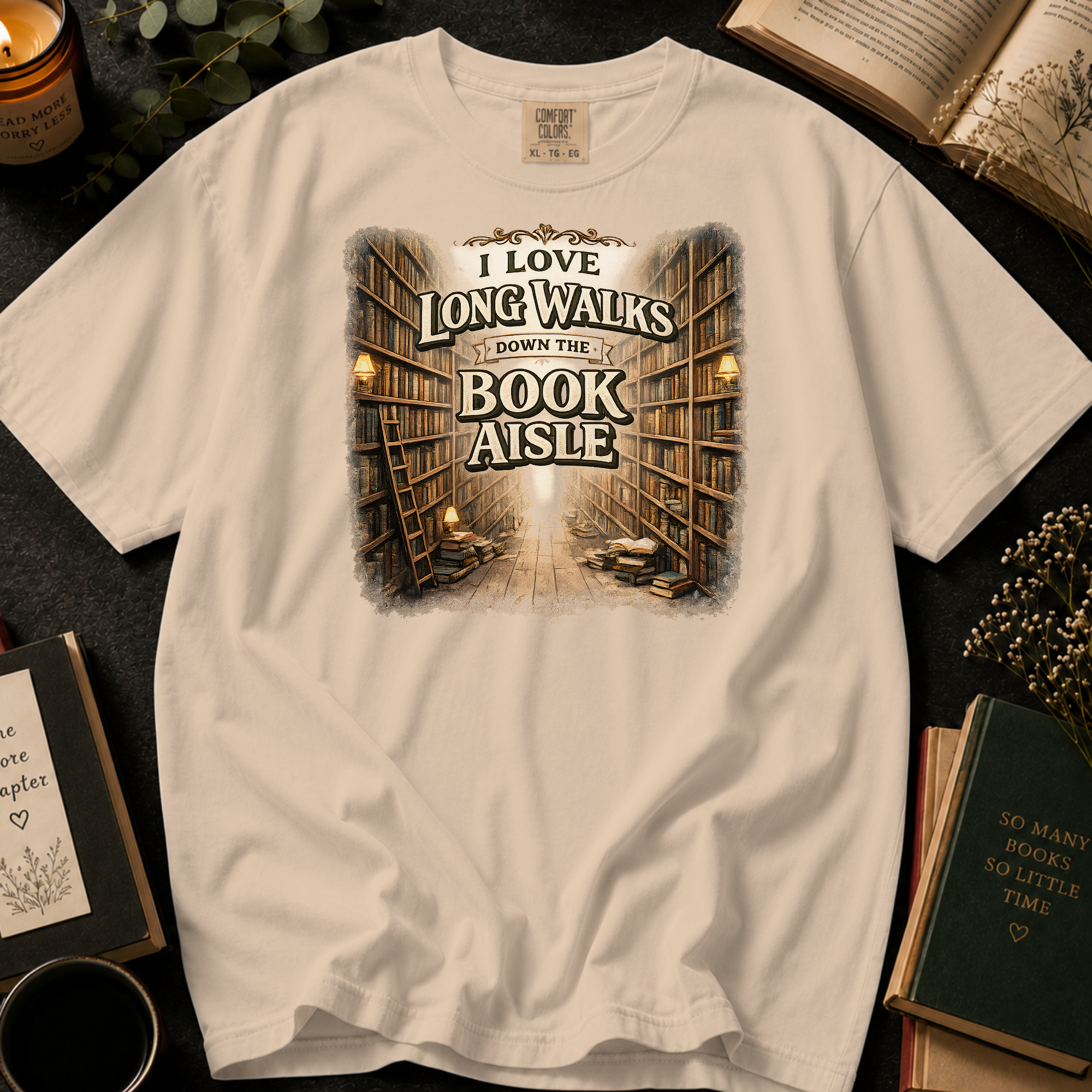 I Love Long Walks Down The Book Aisle T-Shirt: Vintage Bookstore in Ivory - Comfort Colors® T-Shirt