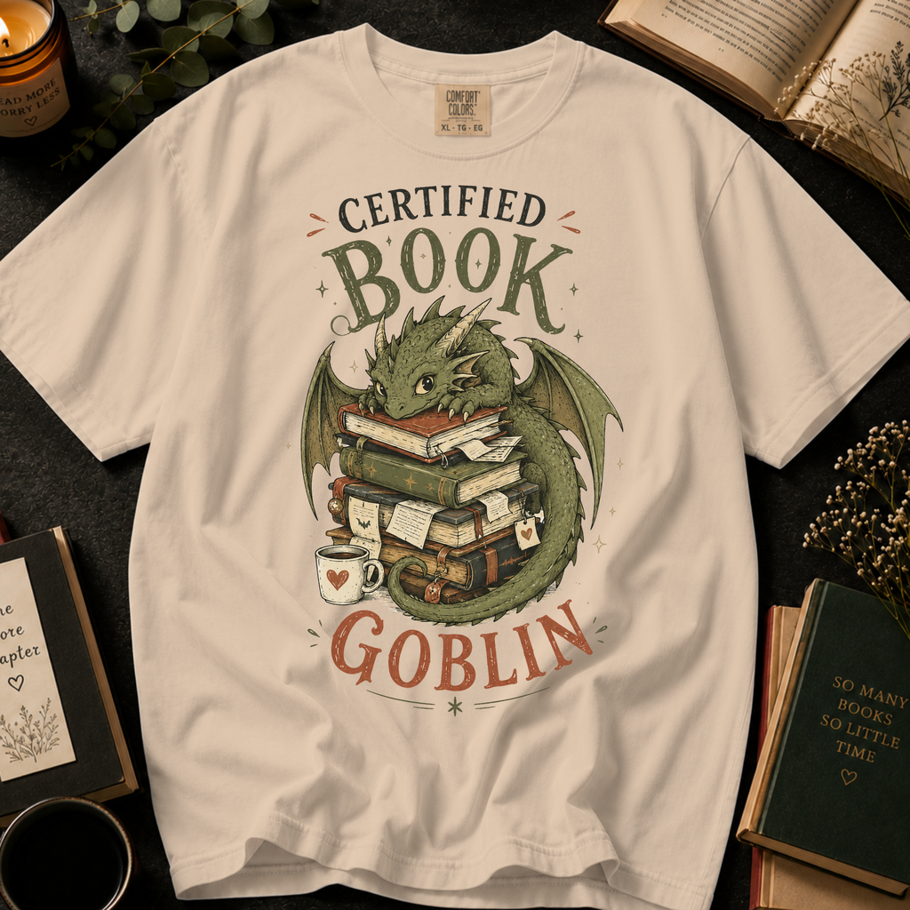 Certified Book Goblin T-Shirt: Cute Dragon Hoarding Books in Ivory - Comfort Colors® T-Shirt
