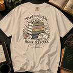 Professional Book Rescuer T-Shirt: Cottagecore Cat and Book Stack in Ivory - Comfort Colors® T-Shirt