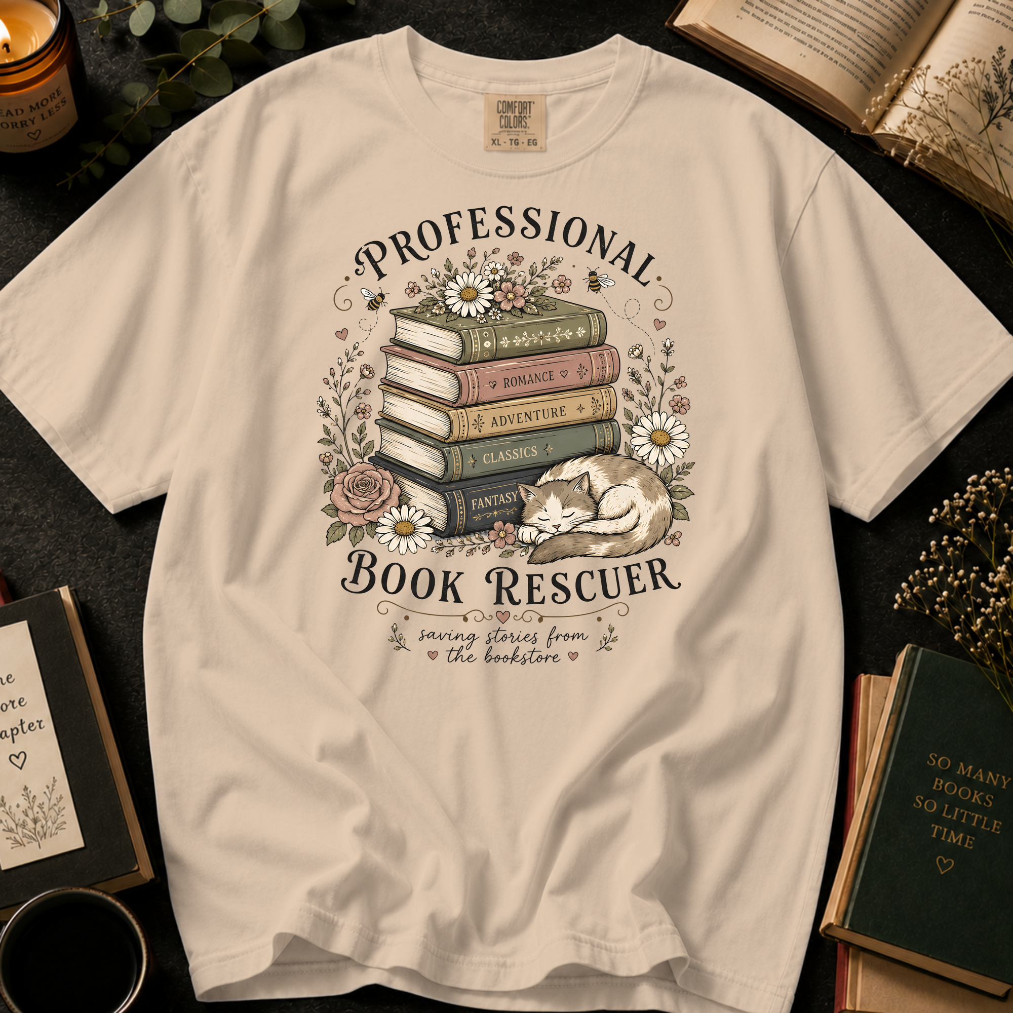 Professional Book Rescuer T-Shirt: Cottagecore Cat and Book Stack in Ivory - Comfort Colors® T-Shirt