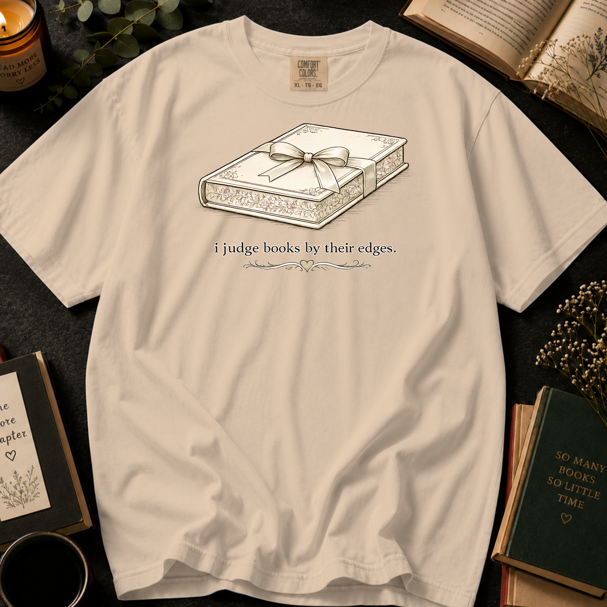 I Judge Books By Their Edges T-Shirt: Vintage Wrapped Book in Ivory - Comfort Colors® T-Shirt