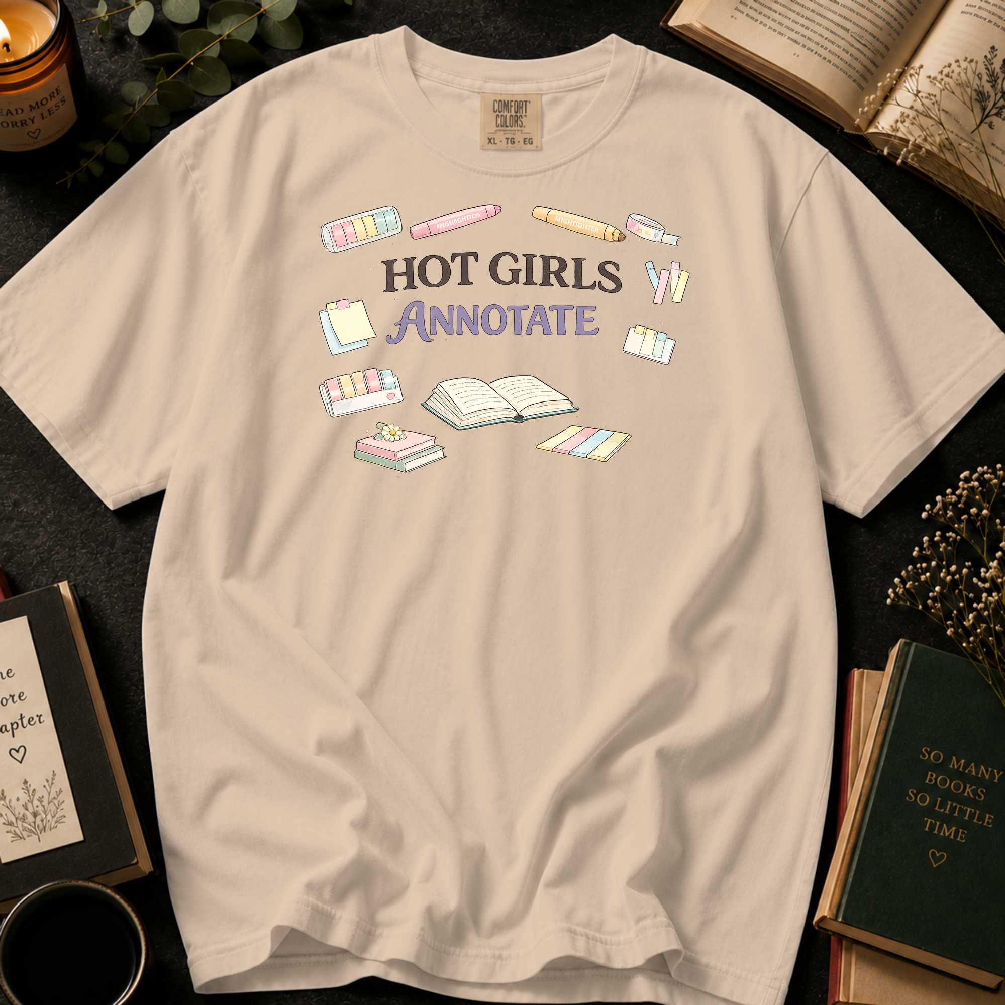 Hot Girls Annotate T-Shirt: Highlighters and Tabs in Ivory - Comfort Colors® T-Shirt