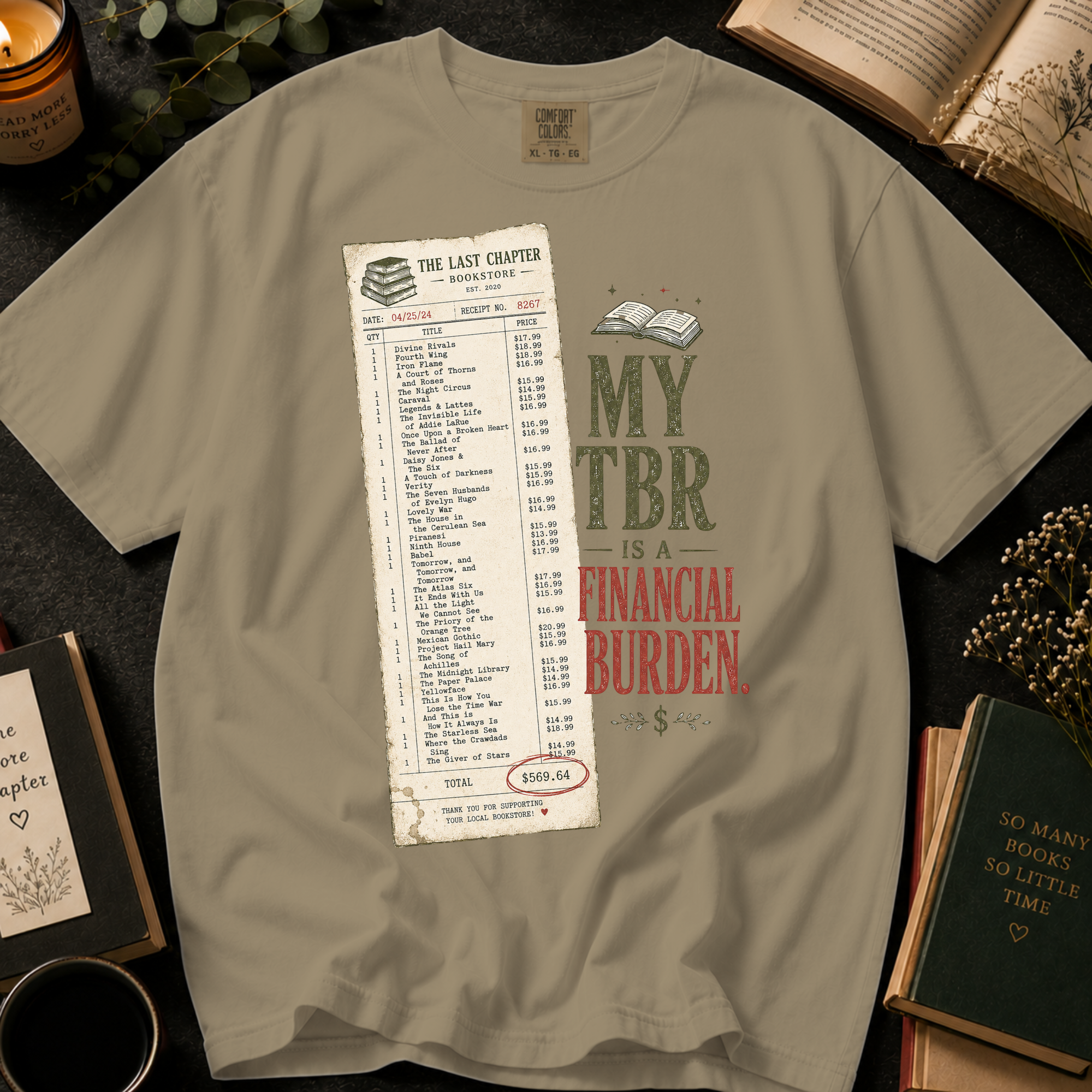 My TBR Is a Financial Burden T-Shirt: Funny Bookstore Receipt in Khaki - Comfort Colors® T-Shirt