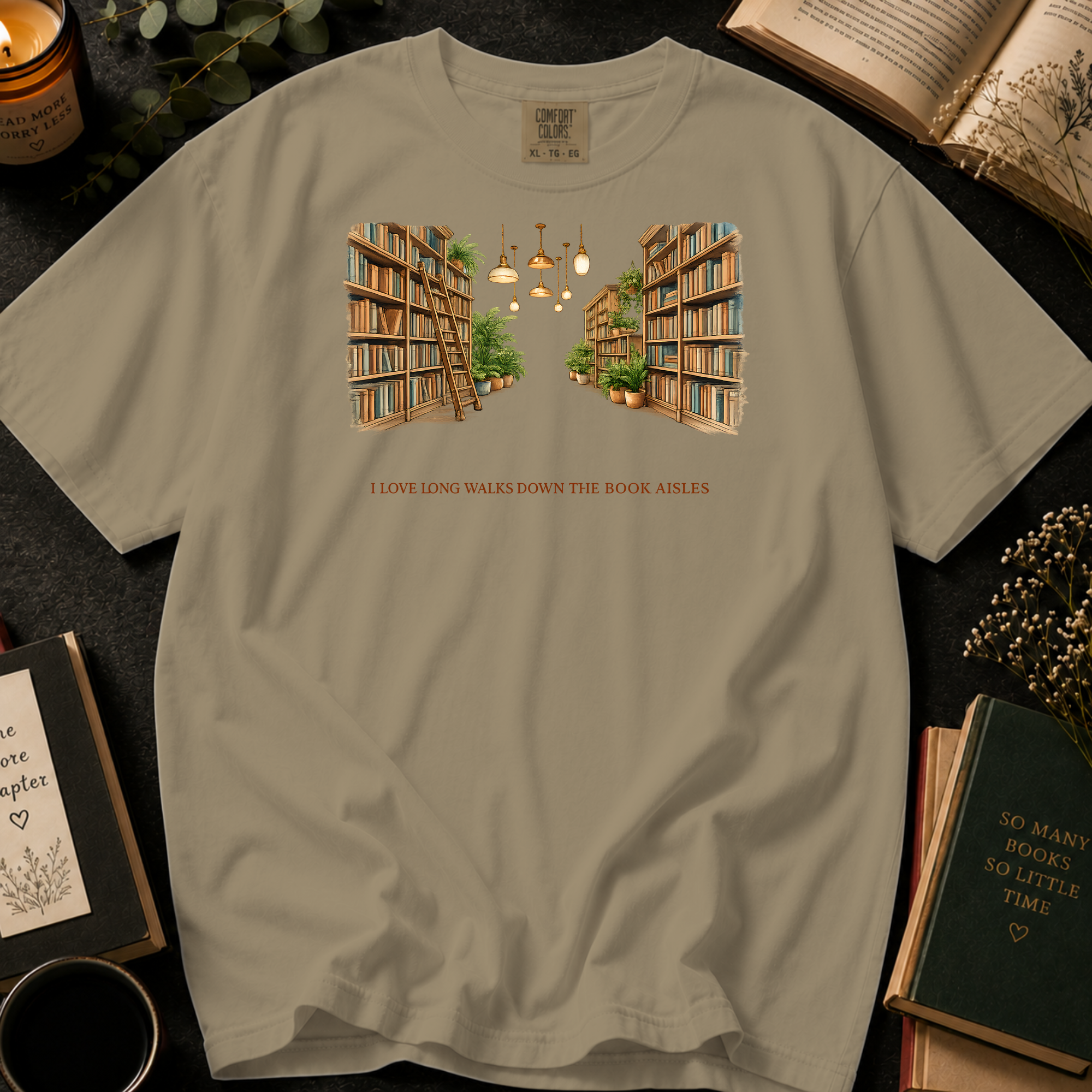 I Love Long Walks Down The Book Aisles T-Shirt: Cozy Library in Khaki - Comfort Colors® T-Shirt