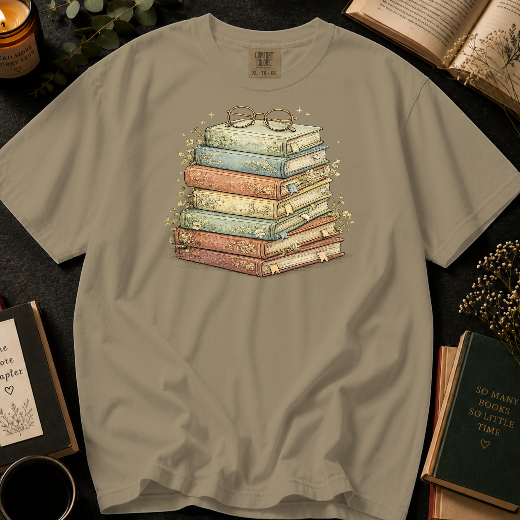 Vintage Stack of Books T-Shirt: Reading Glasses in Khaki - Comfort Colors® T-Shirt