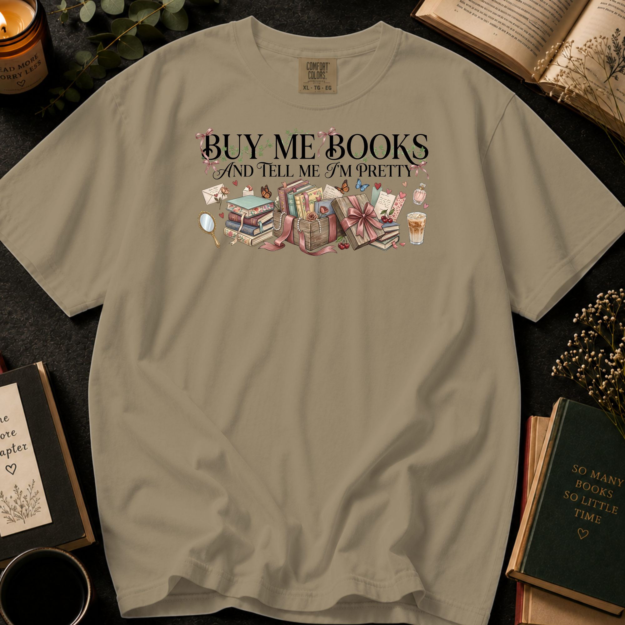 Buy Me Books and Tell Me I'm Pretty T-Shirt: Vintage Vanity and Gift Box in Khaki - Comfort Colors® T-Shirt