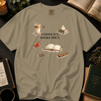 Coffee Icy, Books Spicy T-Shirt: Cinnamon and Chili in Khaki - Comfort Colors® T-Shirt