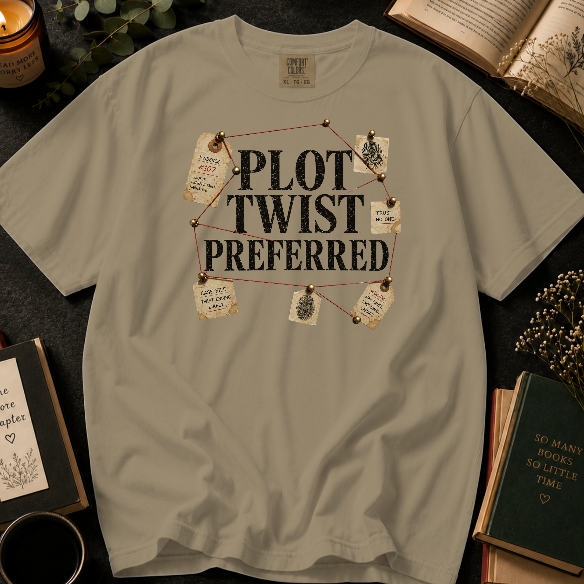 Plot Twist Preferred T-Shirt: Detective Evidence Board in Khaki - Comfort Colors® T-Shirt