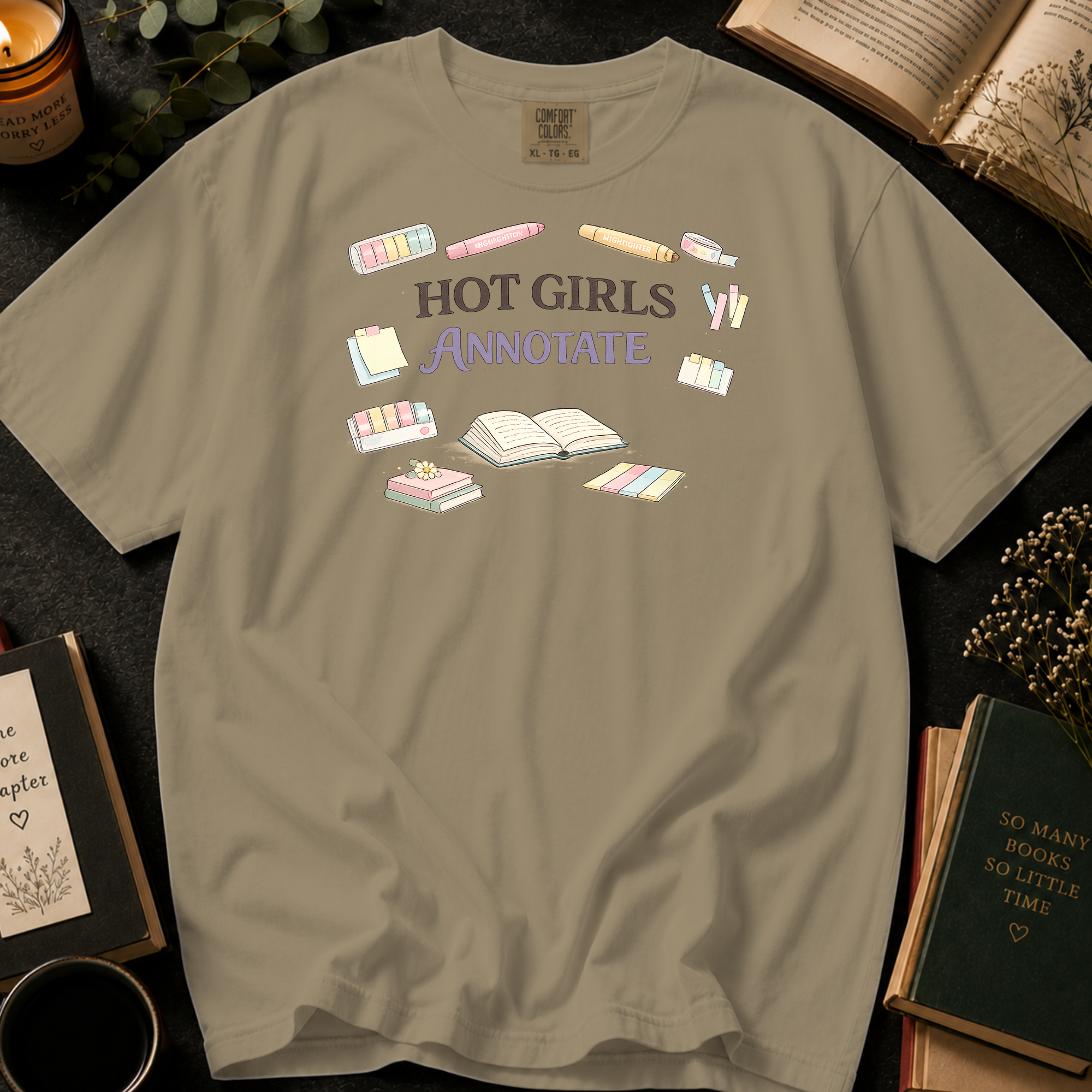 Hot Girls Annotate T-Shirt: Highlighters and Tabs in Khaki - Comfort Colors® T-Shirt