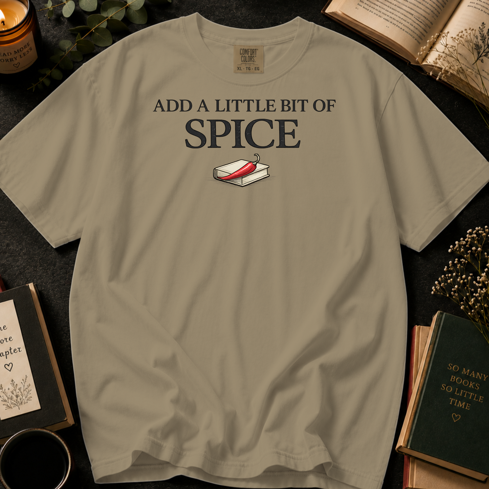 Add A Little Bit Of Spice T-Shirt: Chili and Book Minimalist in Khaki - Comfort Colors® T-Shirt