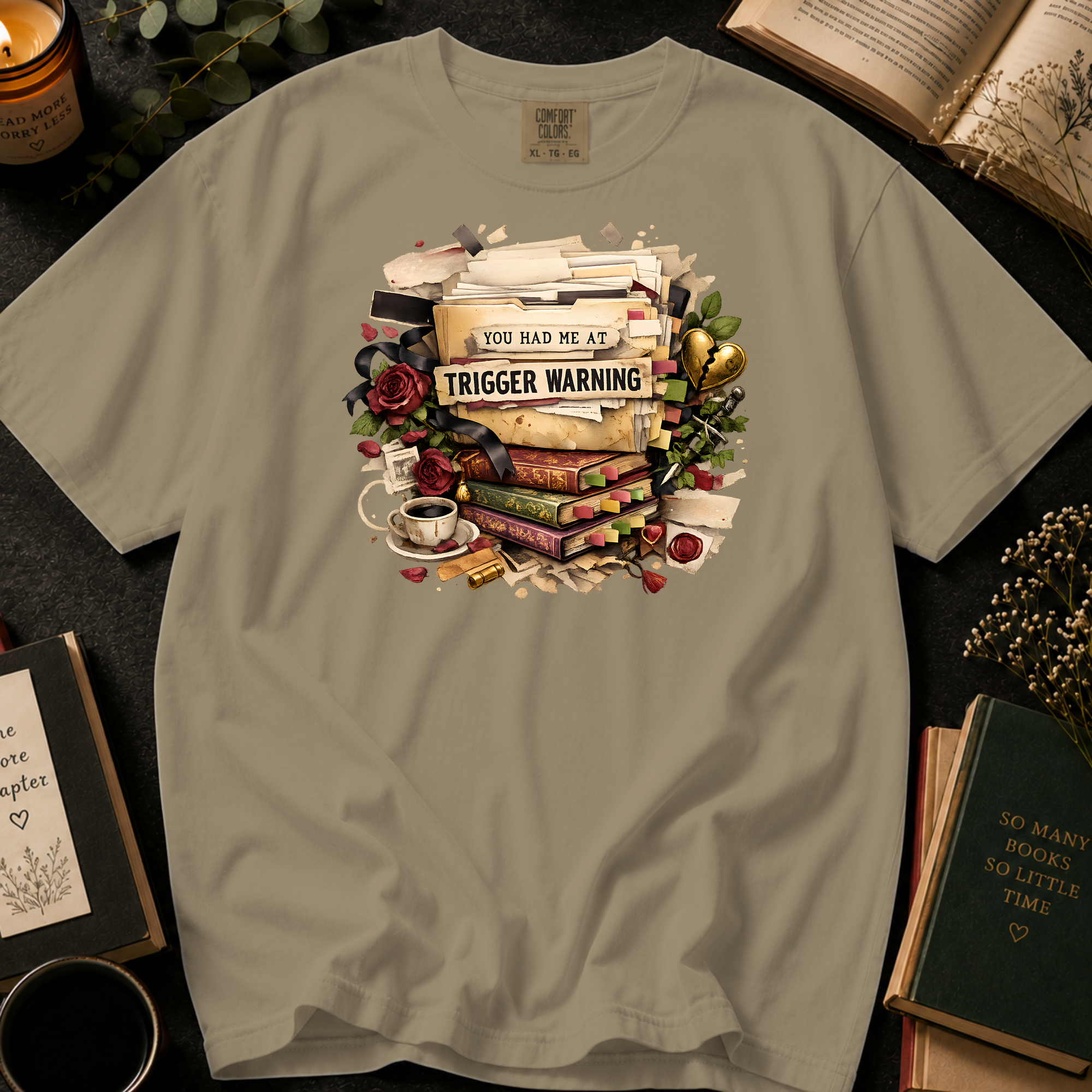 You Had Me At Trigger Warning T-Shirt: Vintage Book Stack in Khaki - Comfort Colors® T-Shirt