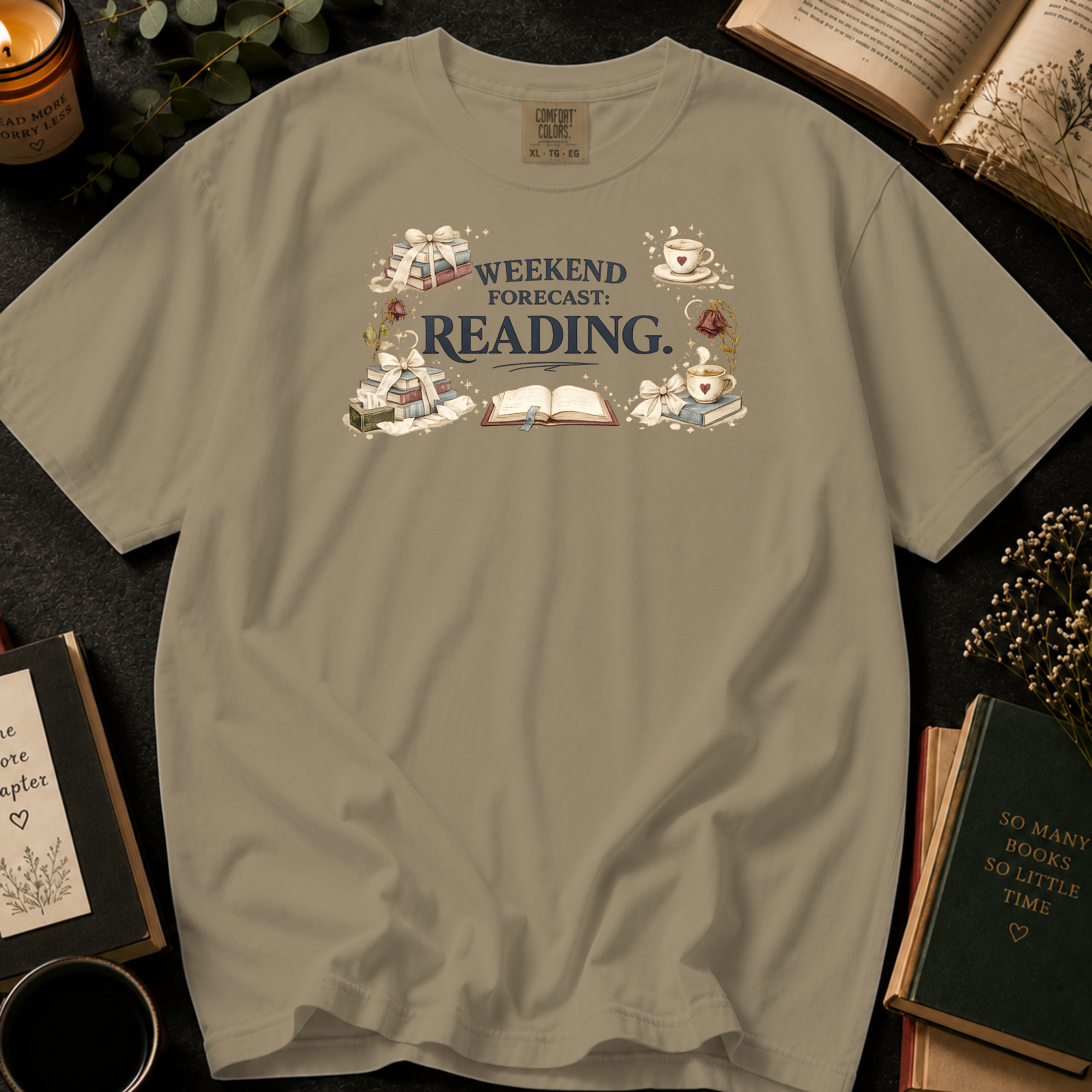 Weekend Forecast Reading T-Shirt: Book Lover in Khaki - Comfort Colors® T-Shirt