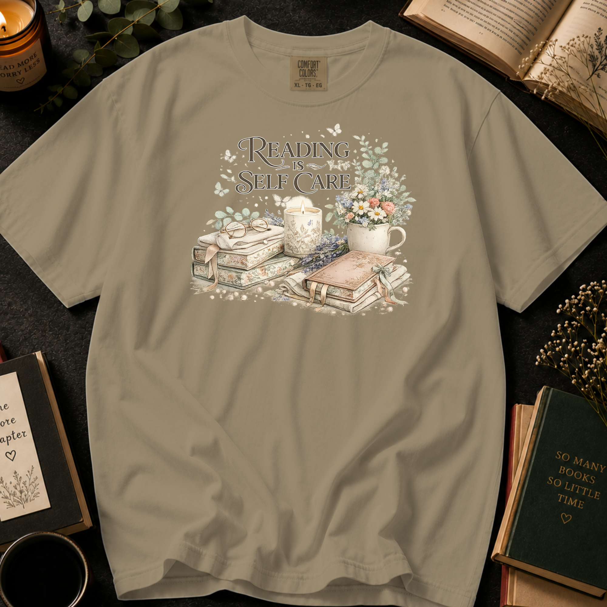 Reading Is Self Care T-Shirt: Candlelight and Books in Khaki - Comfort Colors® T-Shirt
