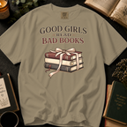 Good Girls Read Bad Books T-Shirt: Ribbon Tied Stack in Khaki - Comfort Colors® T-Shirt