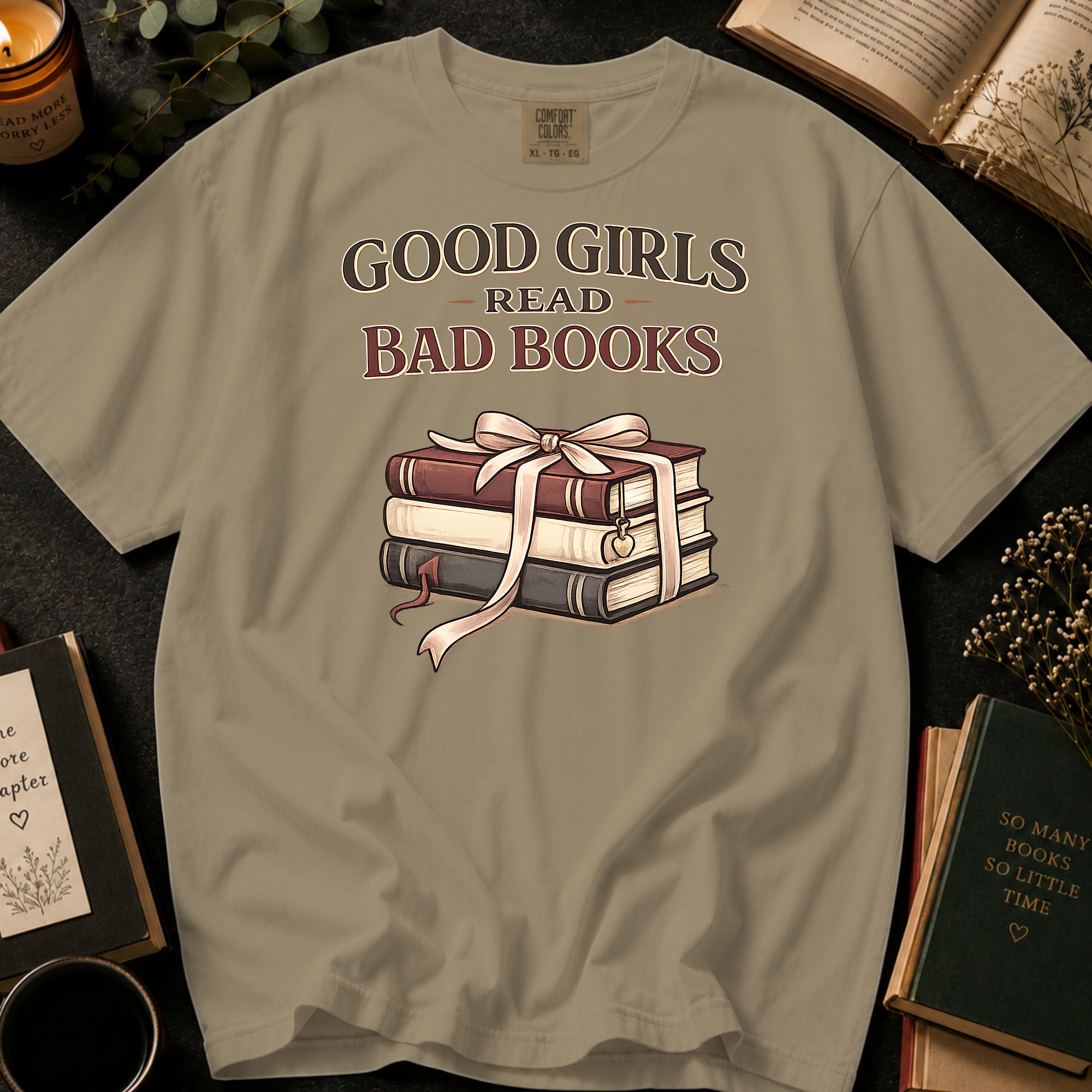 Good Girls Read Bad Books T-Shirt: Ribbon Tied Stack in Khaki - Comfort Colors® T-Shirt
