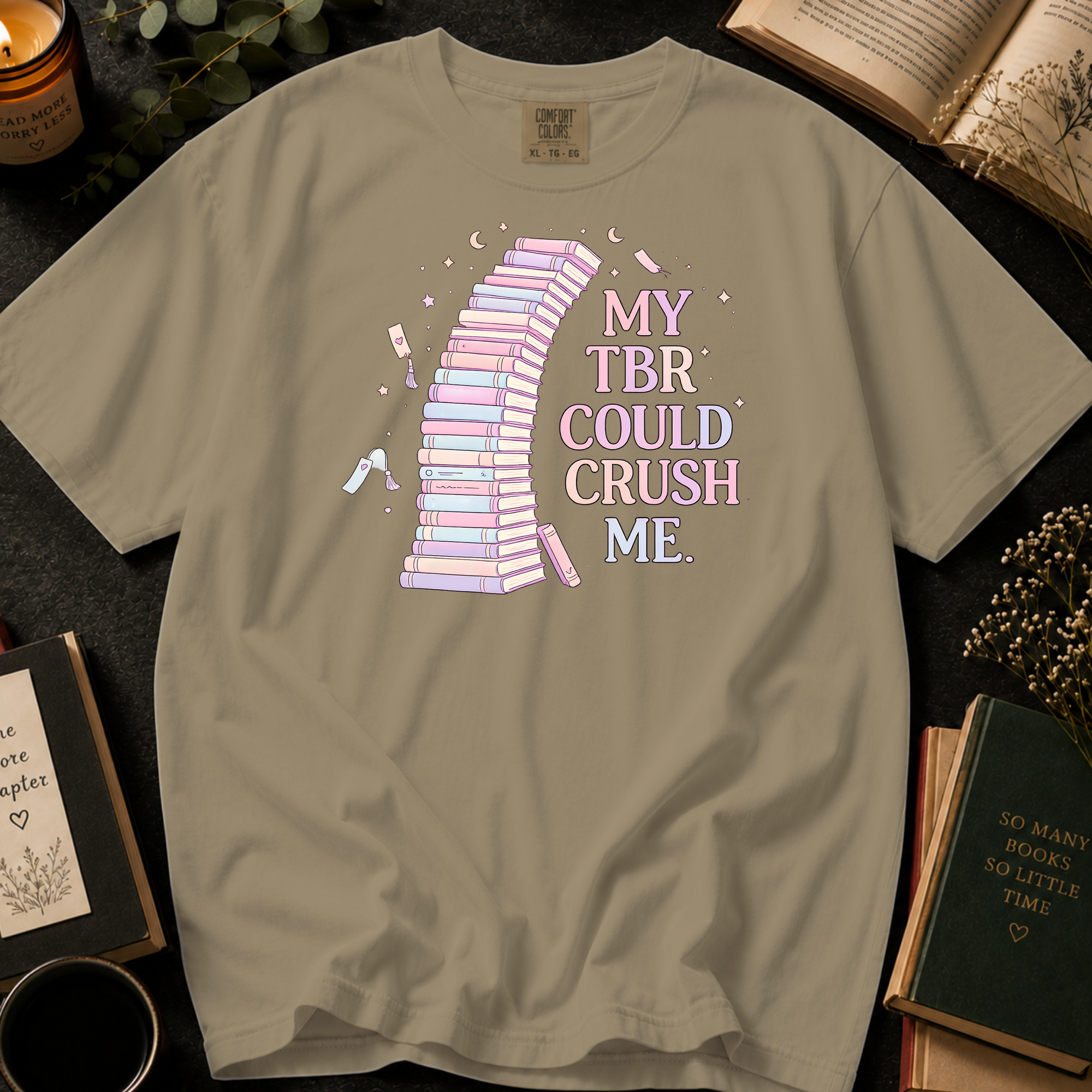 My TBR Could Crush Me T-Shirt: Pastel Leaning Book Tower in Khaki - Comfort Colors® T-Shirt