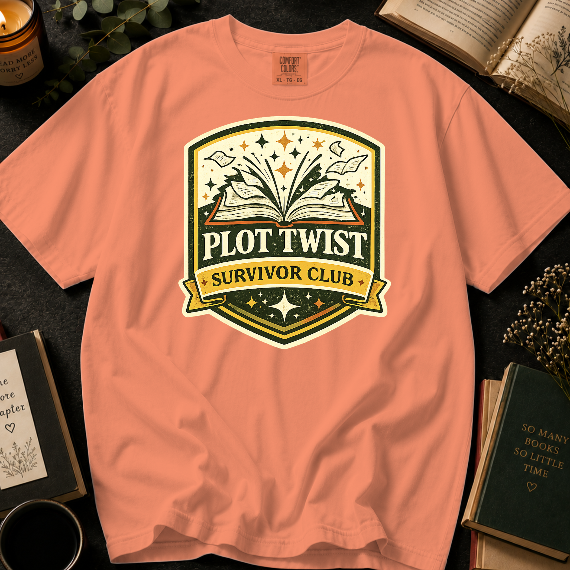 Plot Twist Survivor Club T-Shirt: Vintage Badge Book Lover in Melon - Comfort Colors® T-Shirt