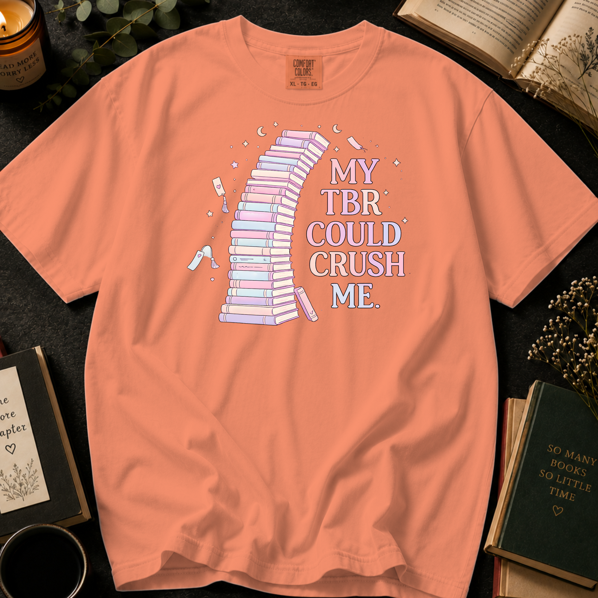 My TBR Could Crush Me T-Shirt: Pastel Leaning Book Tower in Melon - Comfort Colors® T-Shirt