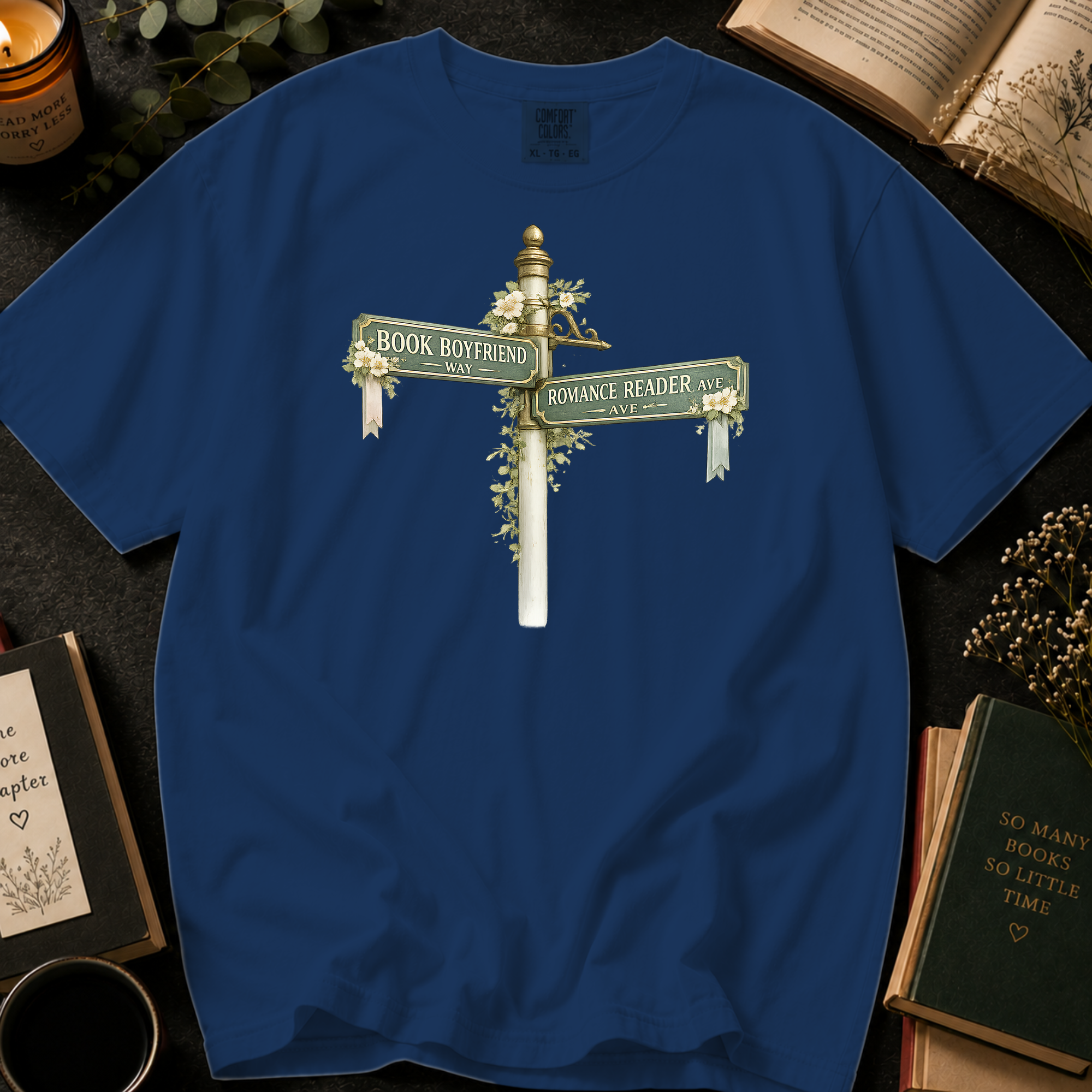 Book Boyfriend Way and Romance Reader Ave T-Shirt: Vintage Street Sign in Midnight - Comfort Colors® T-Shirt