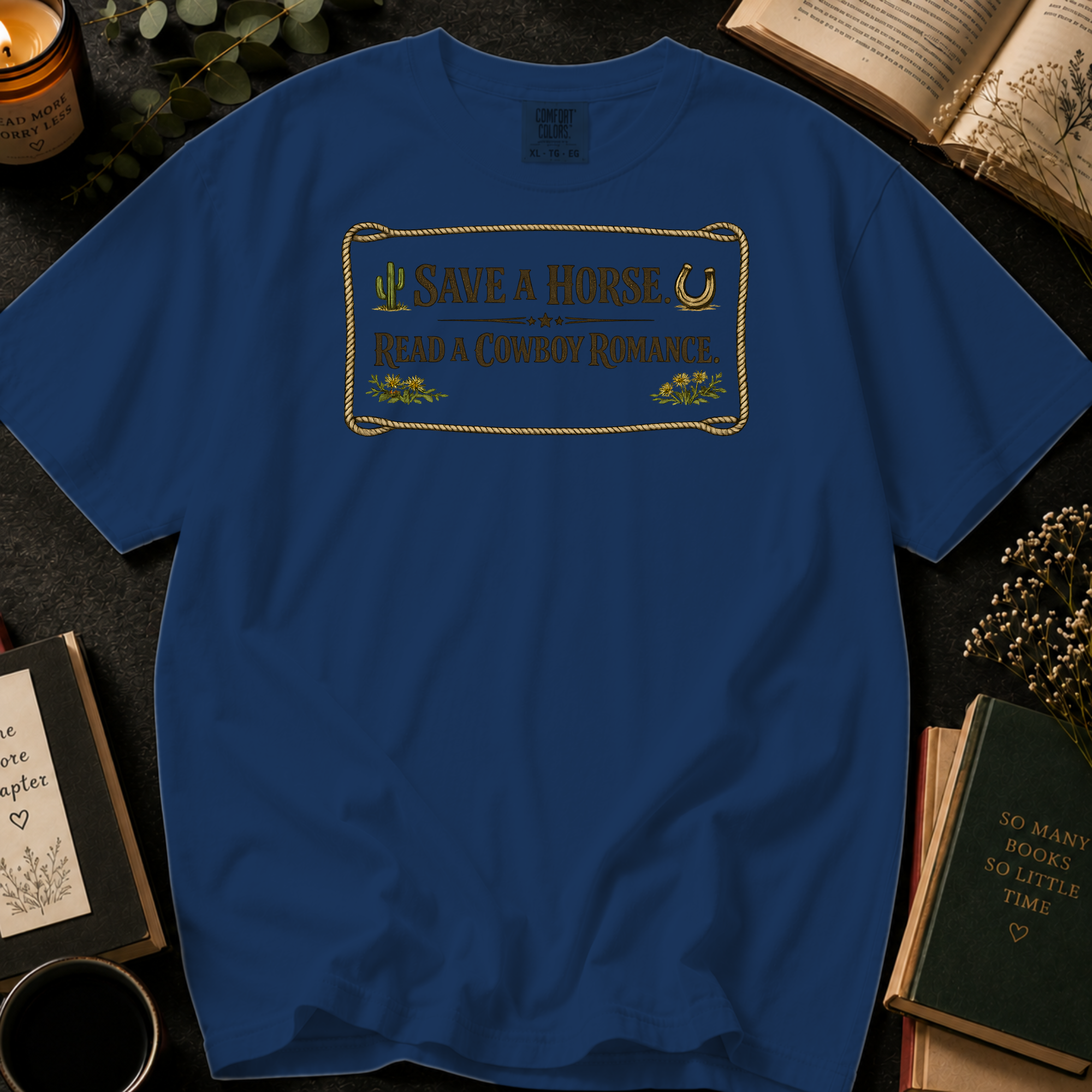Save A Horse, Read A Cowboy Romance T-Shirt: Western Rope in Midnight - Comfort Colors® T-Shirt