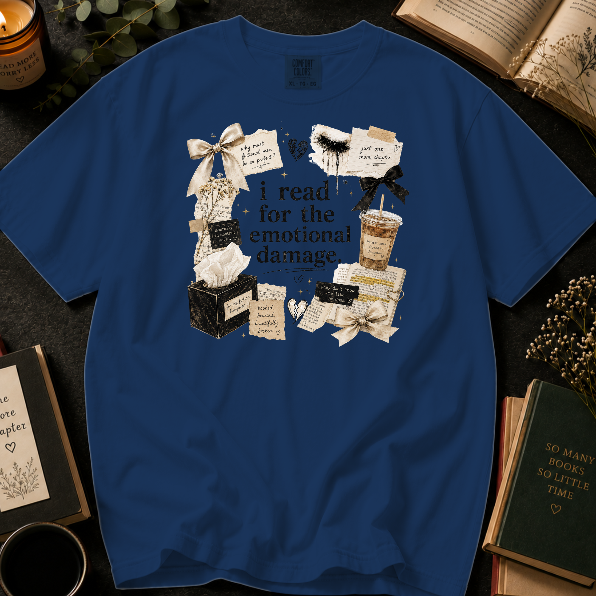I Read For The Emotional Damage T-Shirt: Book Lover Collage in Midnight - Comfort Colors® T-Shirt