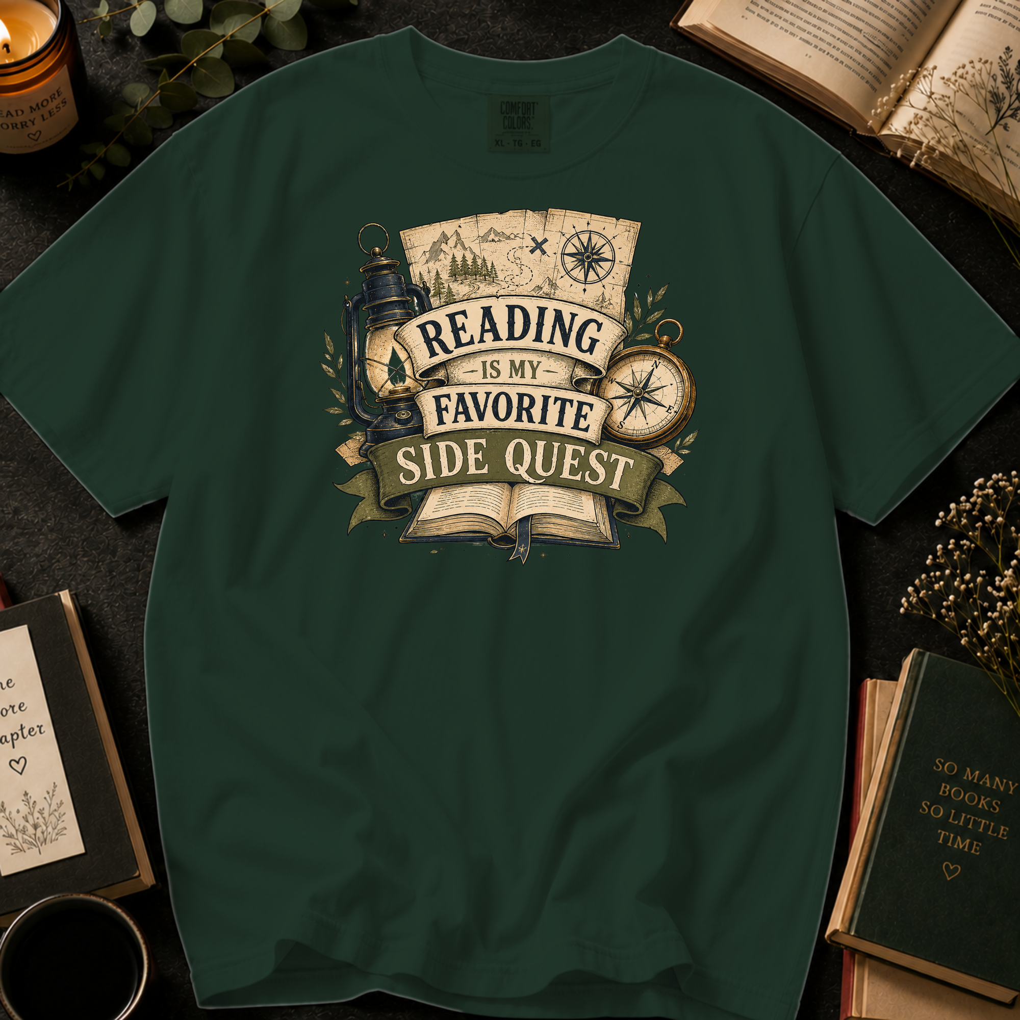 Reading Is My Favorite Side Quest T-Shirt: Vintage Map and Compass in Moss - Comfort Colors® T-Shirt