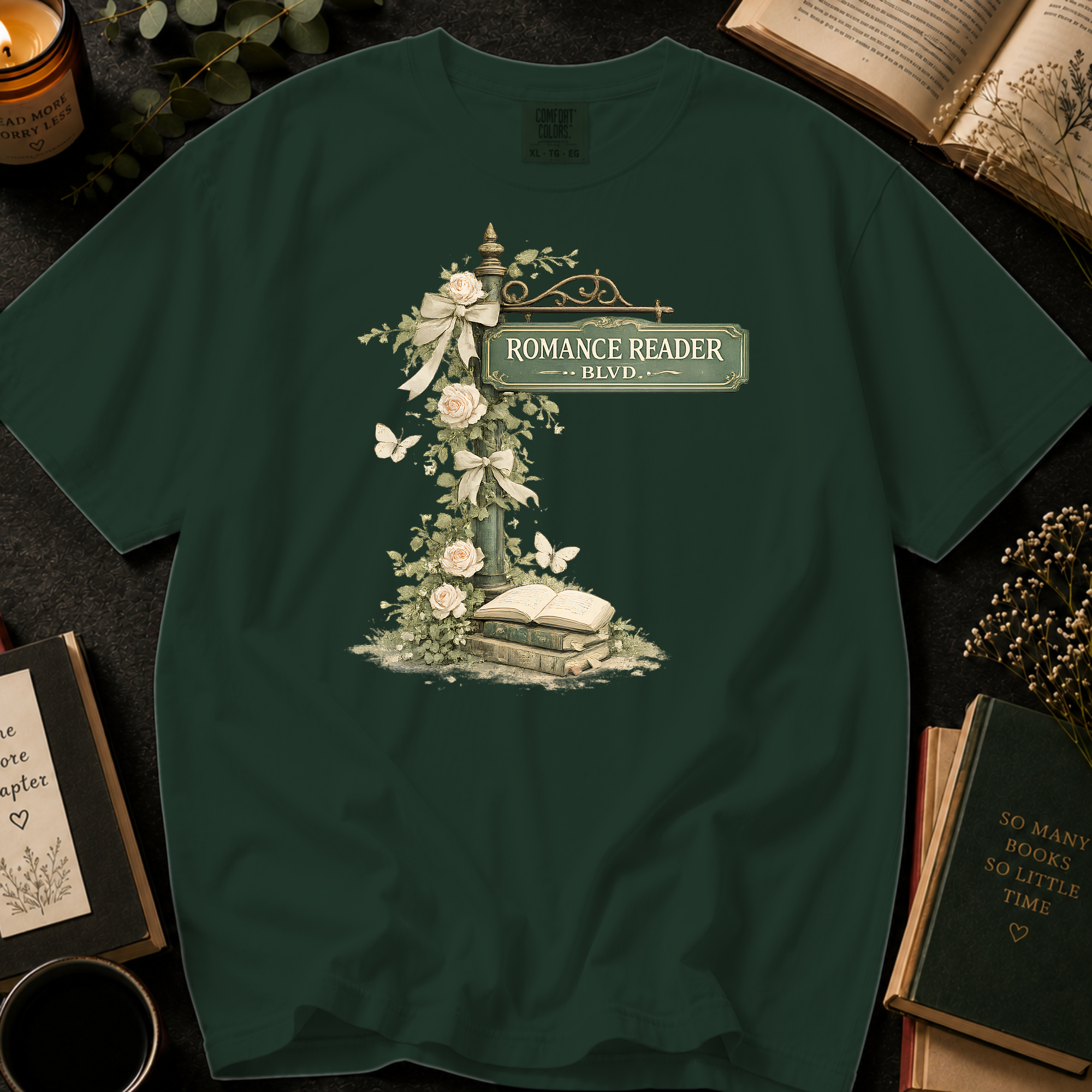 Romance Reader Blvd T-Shirt: Vintage Street Sign Floral in Moss - Comfort Colors® T-Shirt