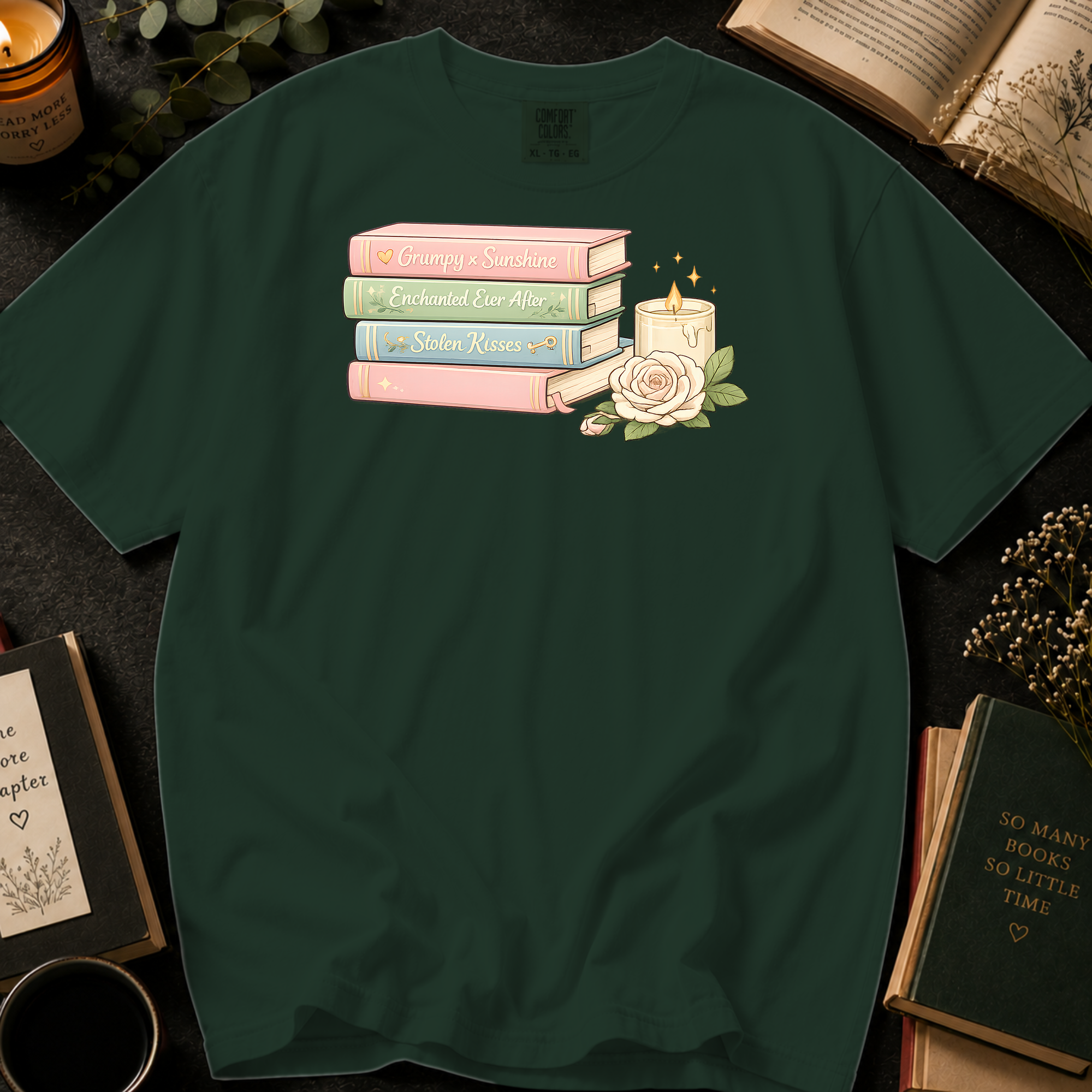 Grumpy x Sunshine T-Shirt: Pastel Romance Book Stack in Moss - Comfort Colors® T-Shirt