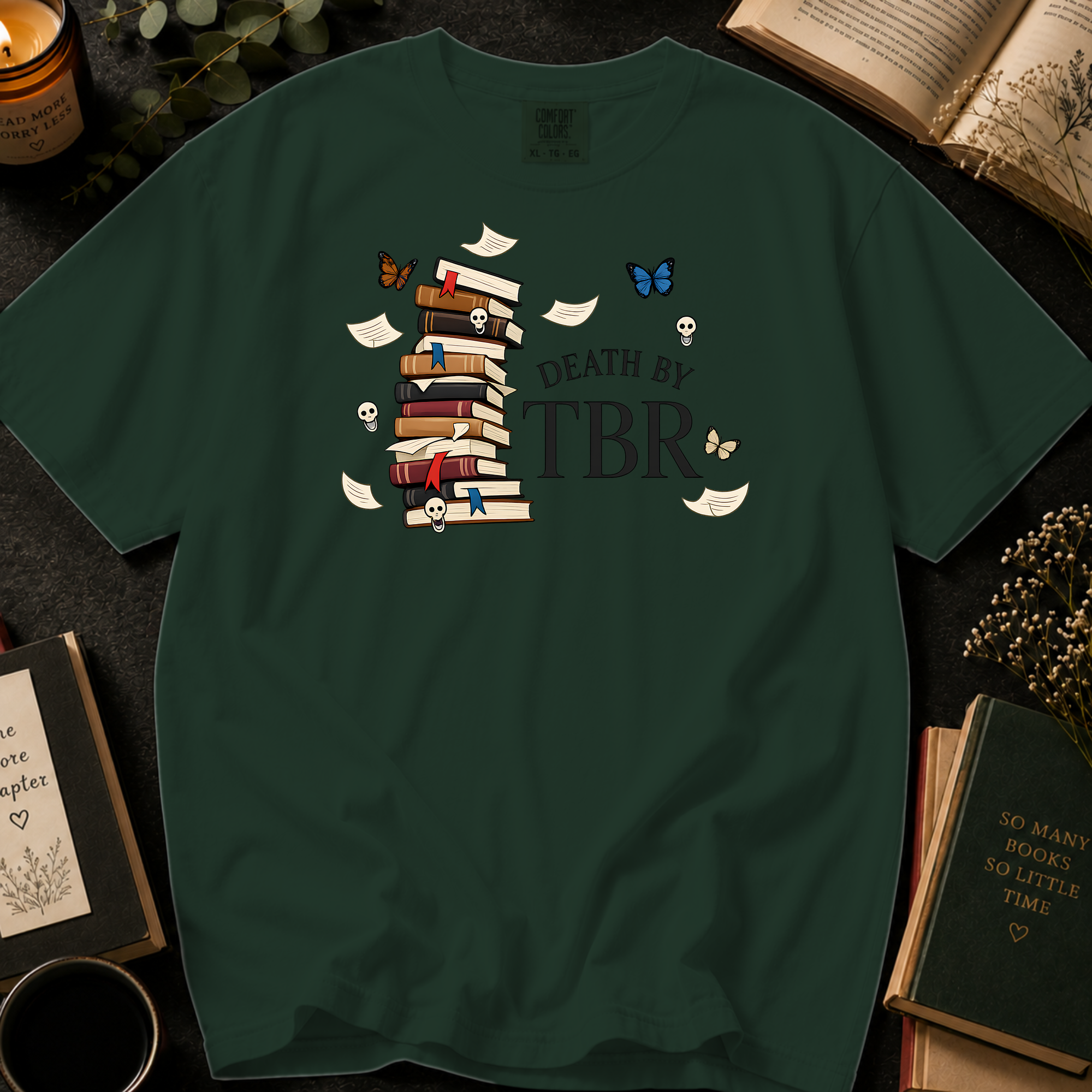 Death By TBR T-Shirt: Gothic Book Stack in Moss - Comfort Colors® T-Shirt