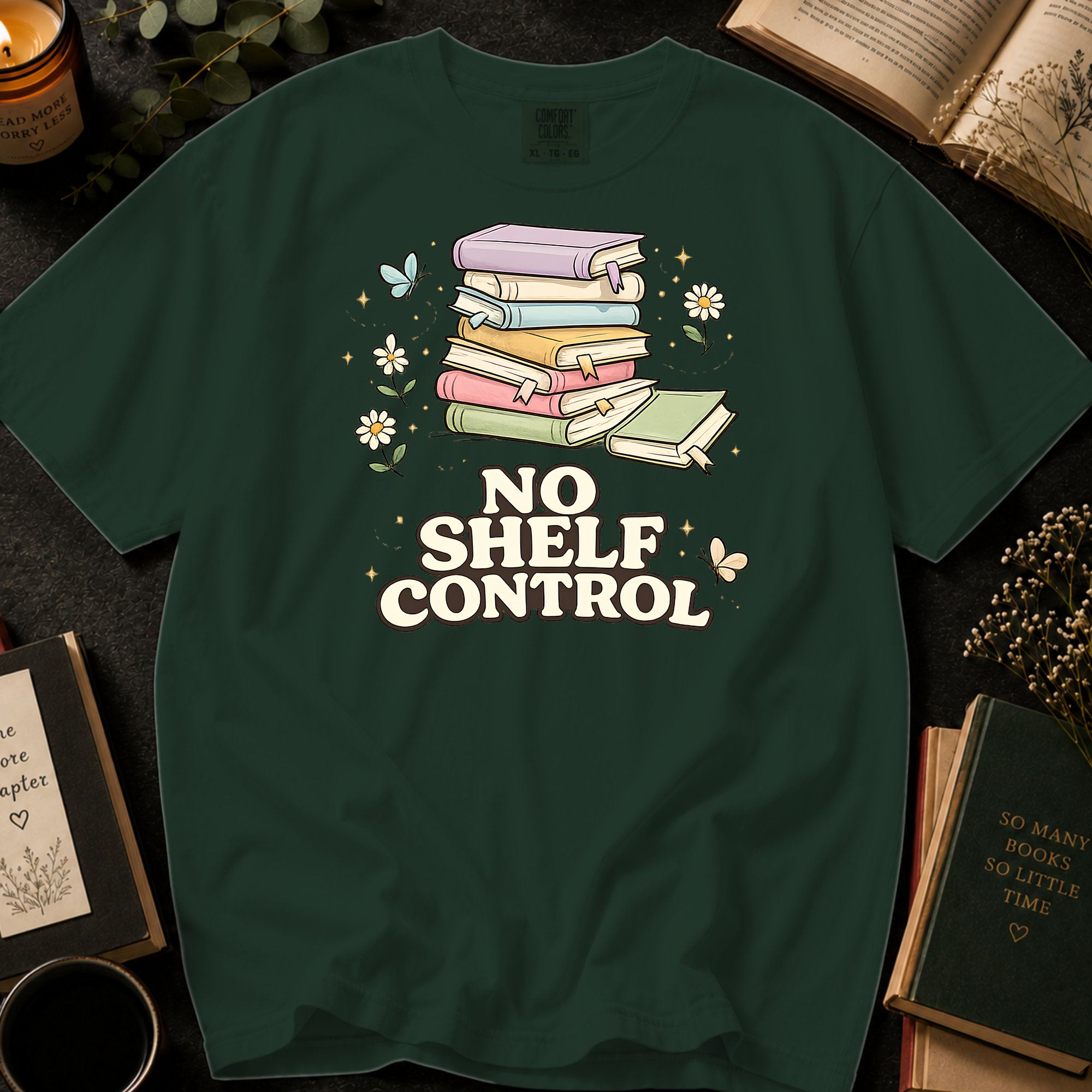 No Shelf Control T-Shirt: Pastel Book Stack in Moss - Comfort Colors® T-Shirt