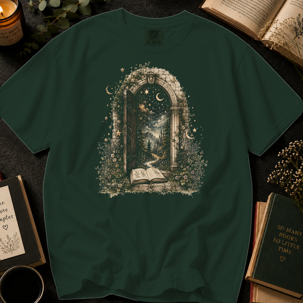 Through the Pages T-Shirt: Enchanted Archway Book Portal in Moss - Comfort Colors® T-Shirt
