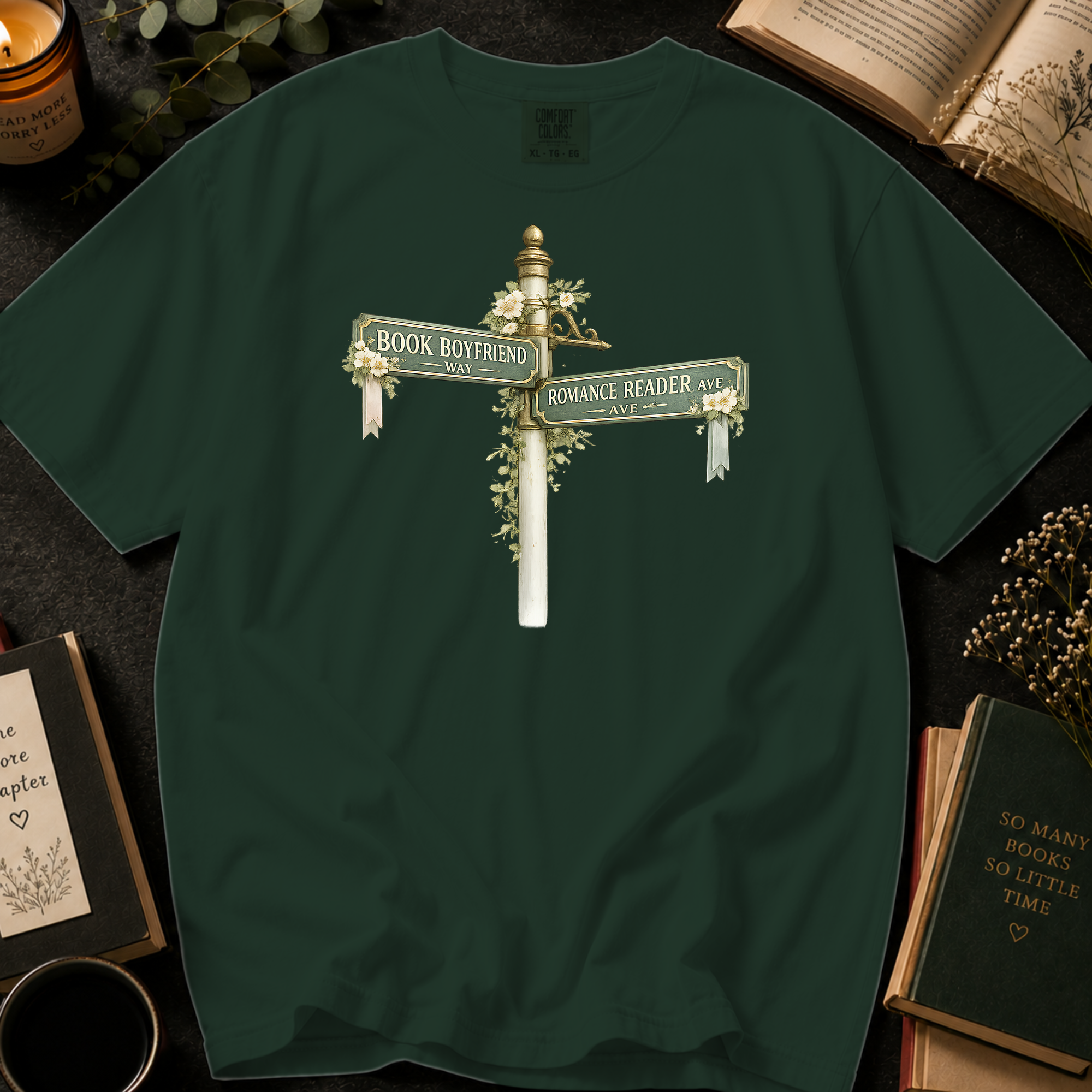 Book Boyfriend Way and Romance Reader Ave T-Shirt: Vintage Street Sign in Moss - Comfort Colors® T-Shirt