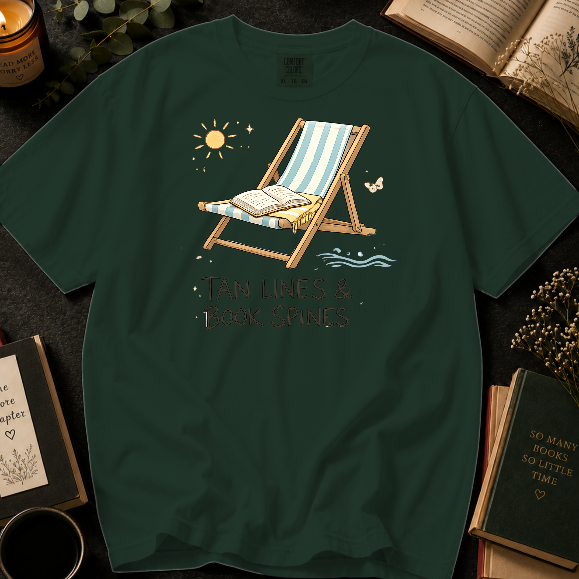 Tan Lines and Book Spines T-Shirt: Beach Chair in Moss - Comfort Colors® T-Shirt