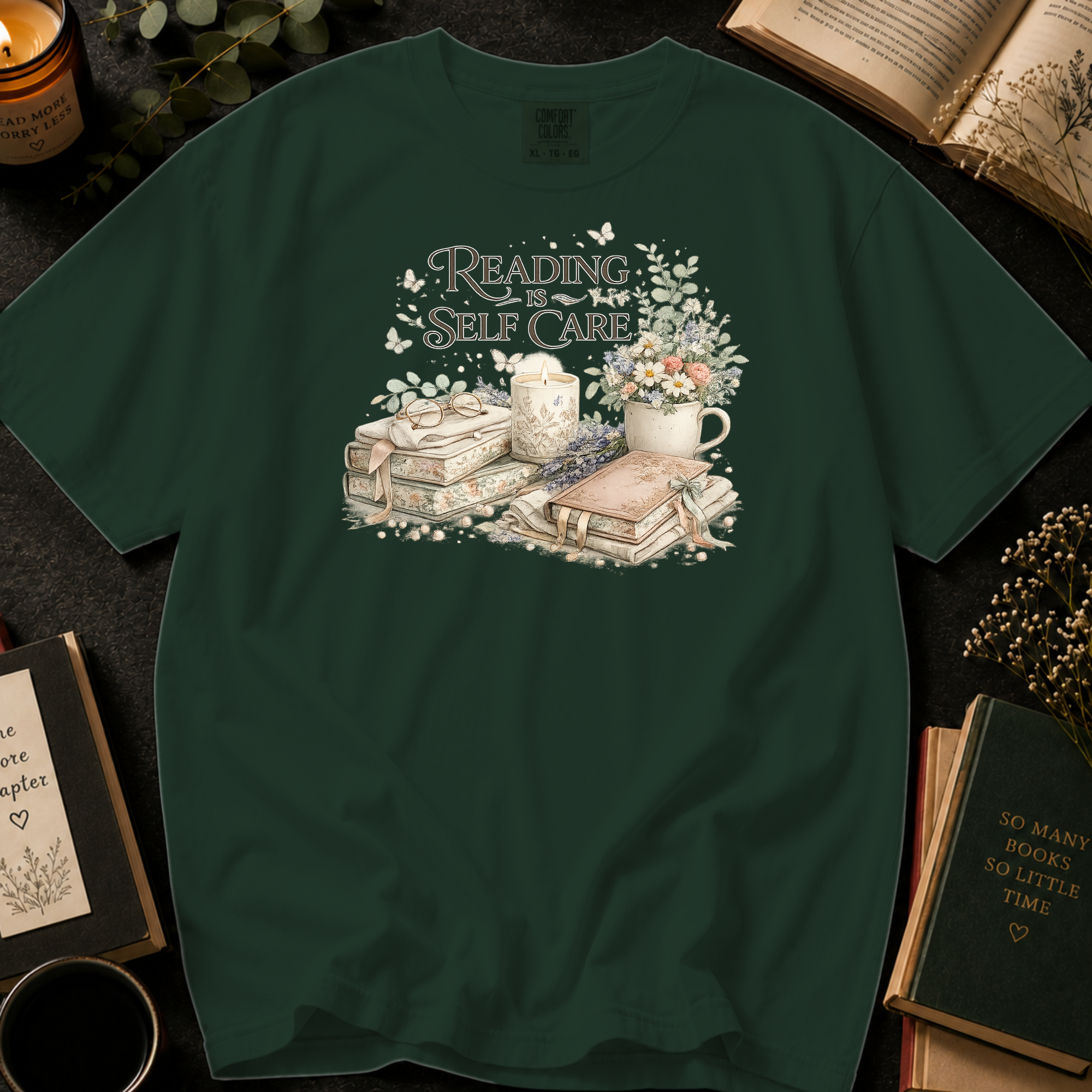 Reading Is Self Care T-Shirt: Candlelight and Books in Moss - Comfort Colors® T-Shirt