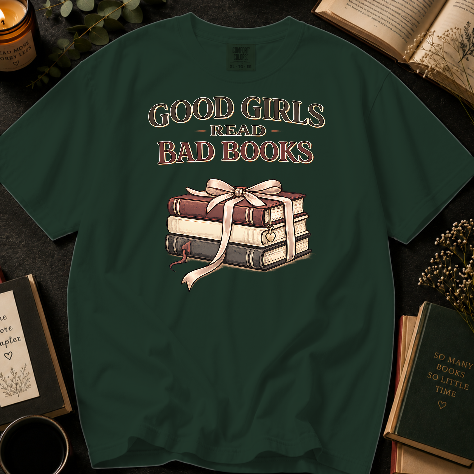 Good Girls Read Bad Books T-Shirt: Ribbon Tied Stack in Moss - Comfort Colors® T-Shirt