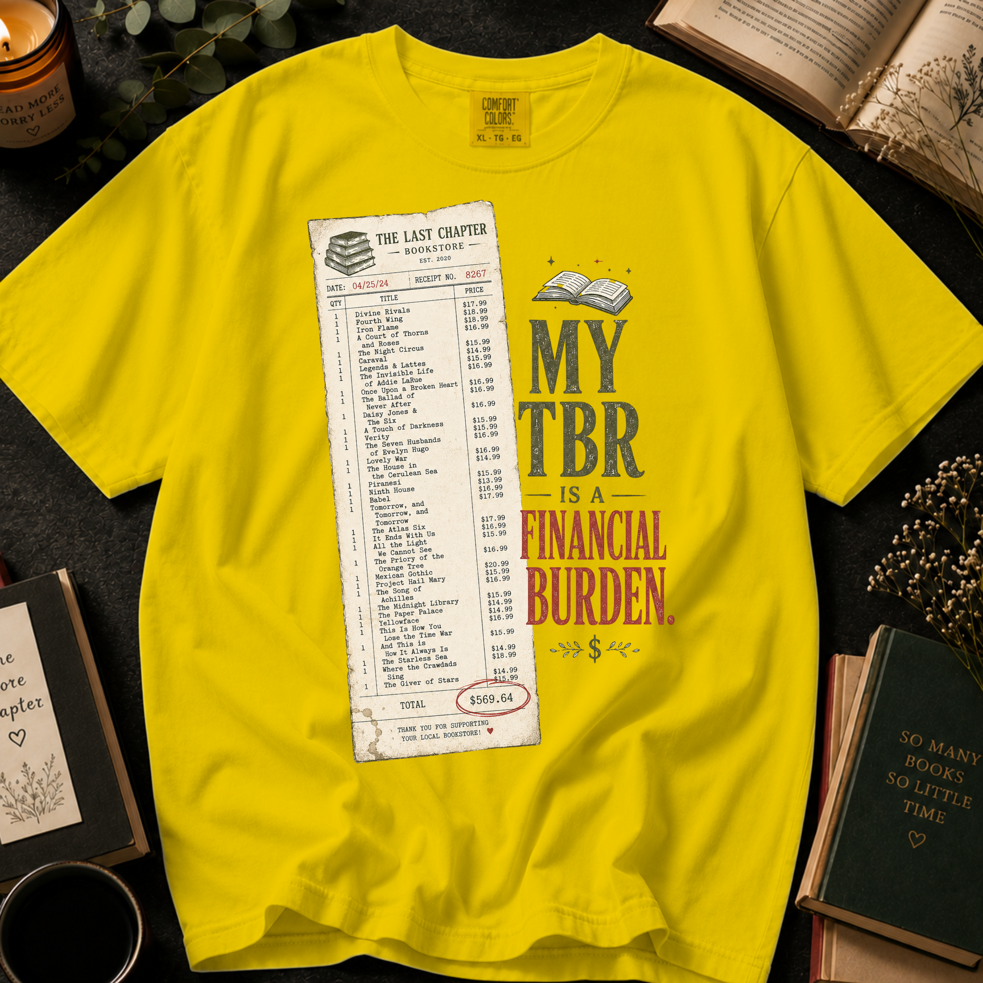 My TBR Is a Financial Burden T-Shirt: Funny Bookstore Receipt in Mustard - Comfort Colors® T-Shirt