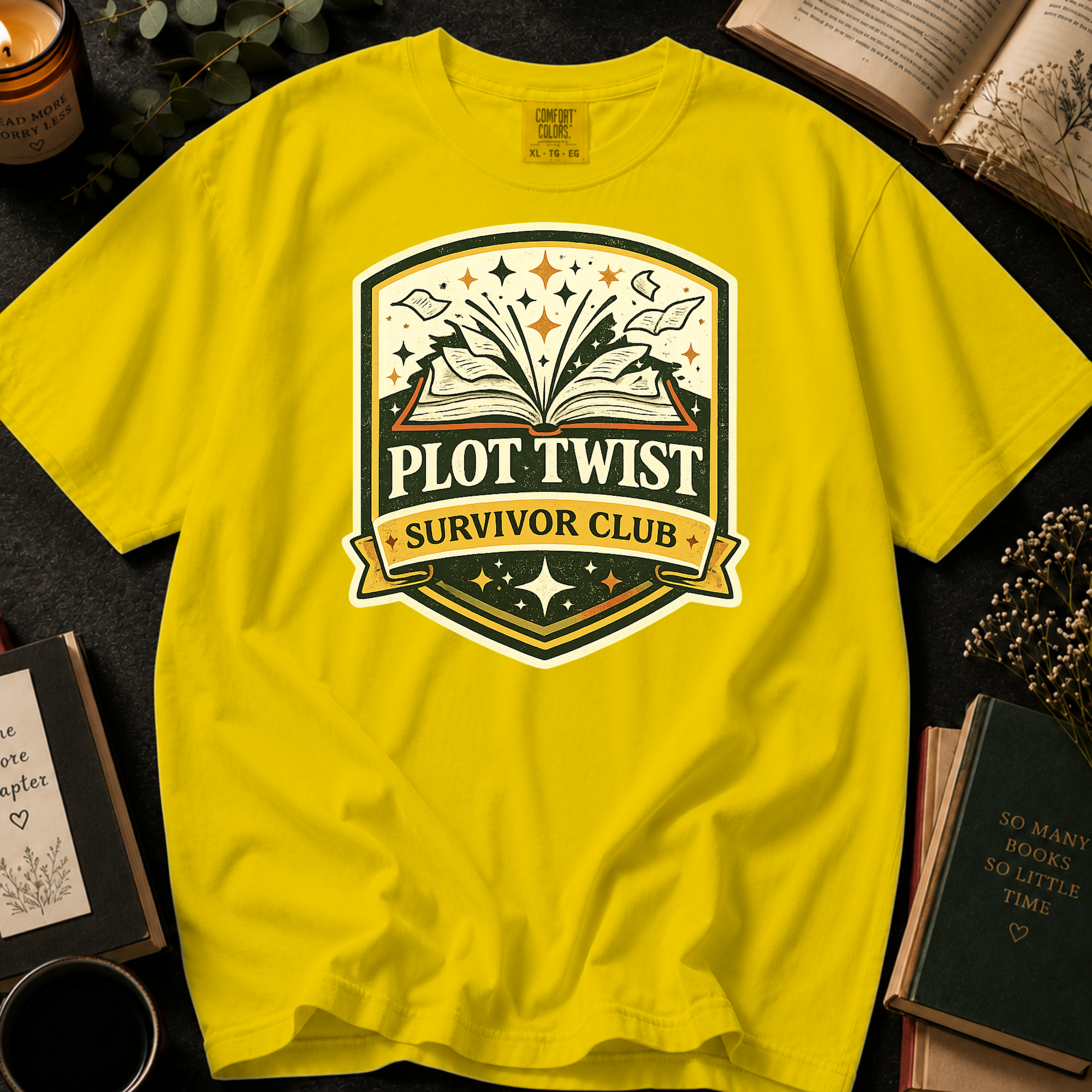 Plot Twist Survivor Club T-Shirt: Vintage Badge Book Lover in Mustard - Comfort Colors® T-Shirt