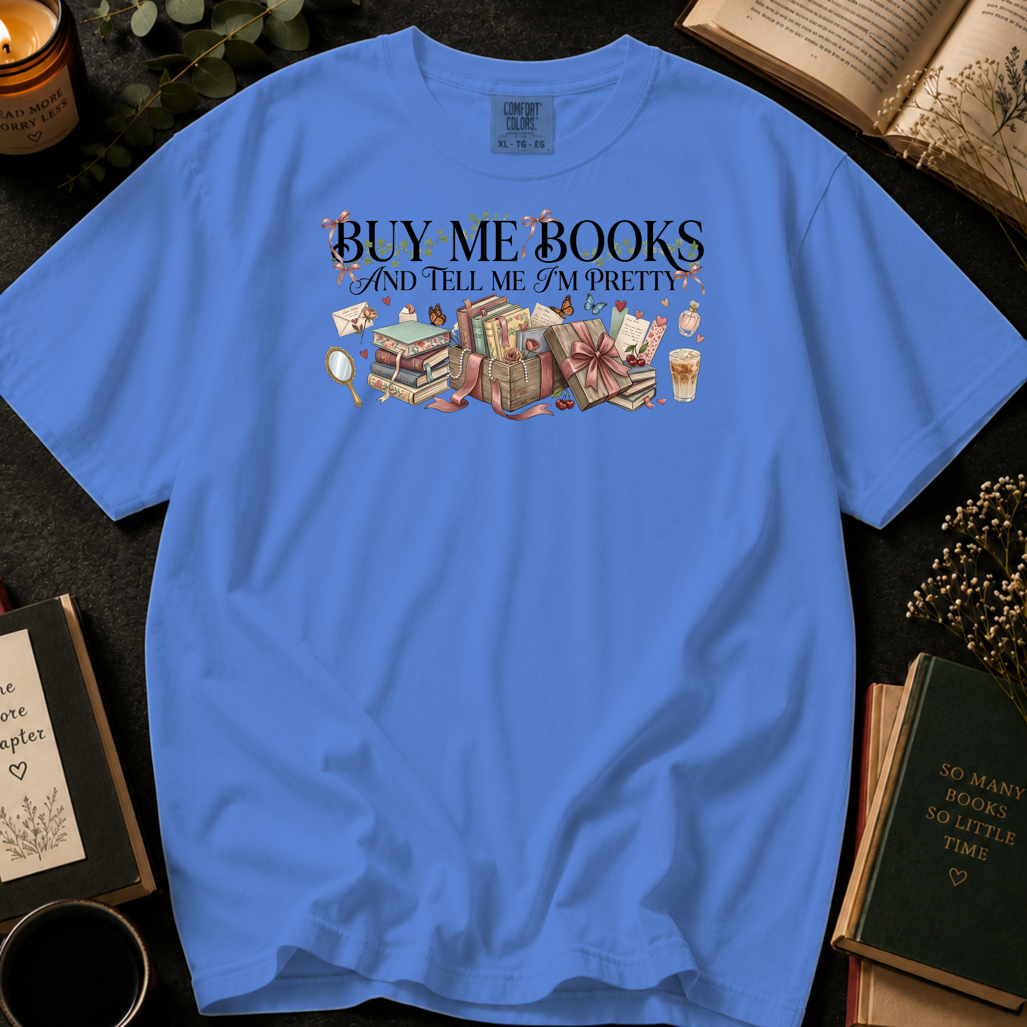 Buy Me Books and Tell Me I'm Pretty T-Shirt: Vintage Vanity and Gift Box in Mystic Blue - Comfort Colors® T-Shirt