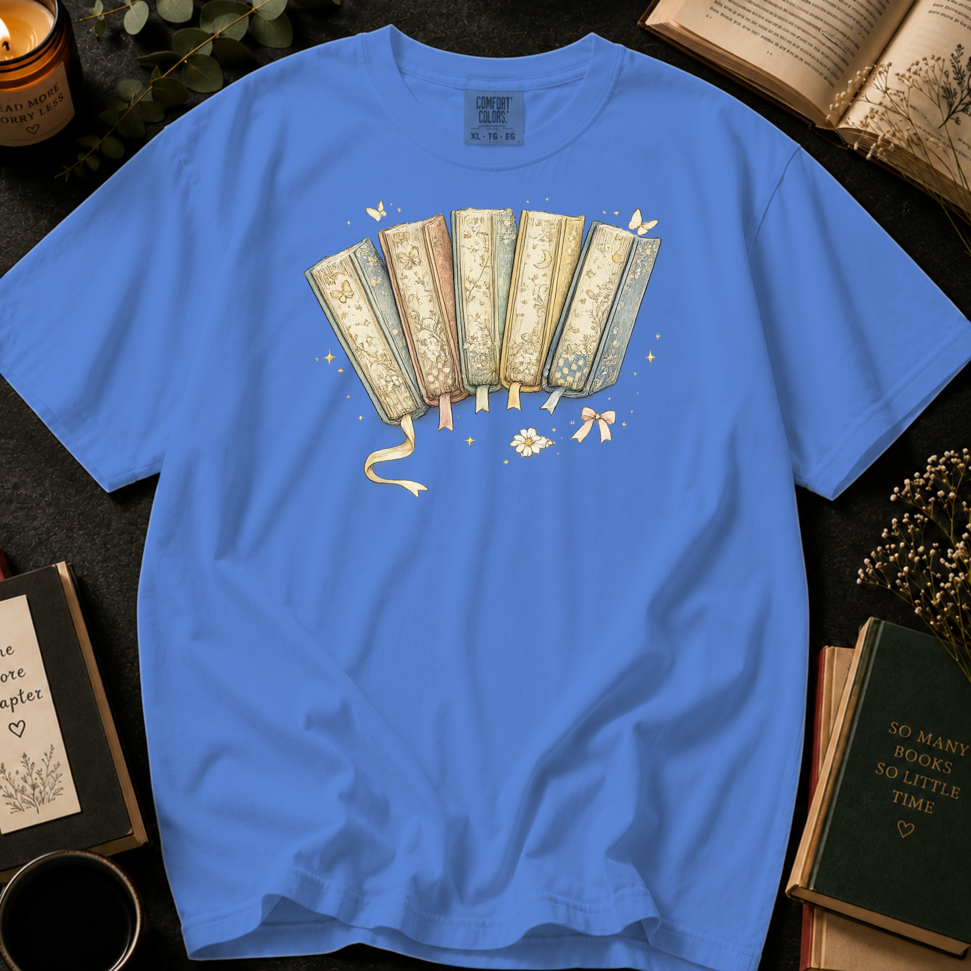 Vintage Floral Book Spines T-Shirt: Storybook Fan in Mystic Blue - Comfort Colors® T-Shirt
