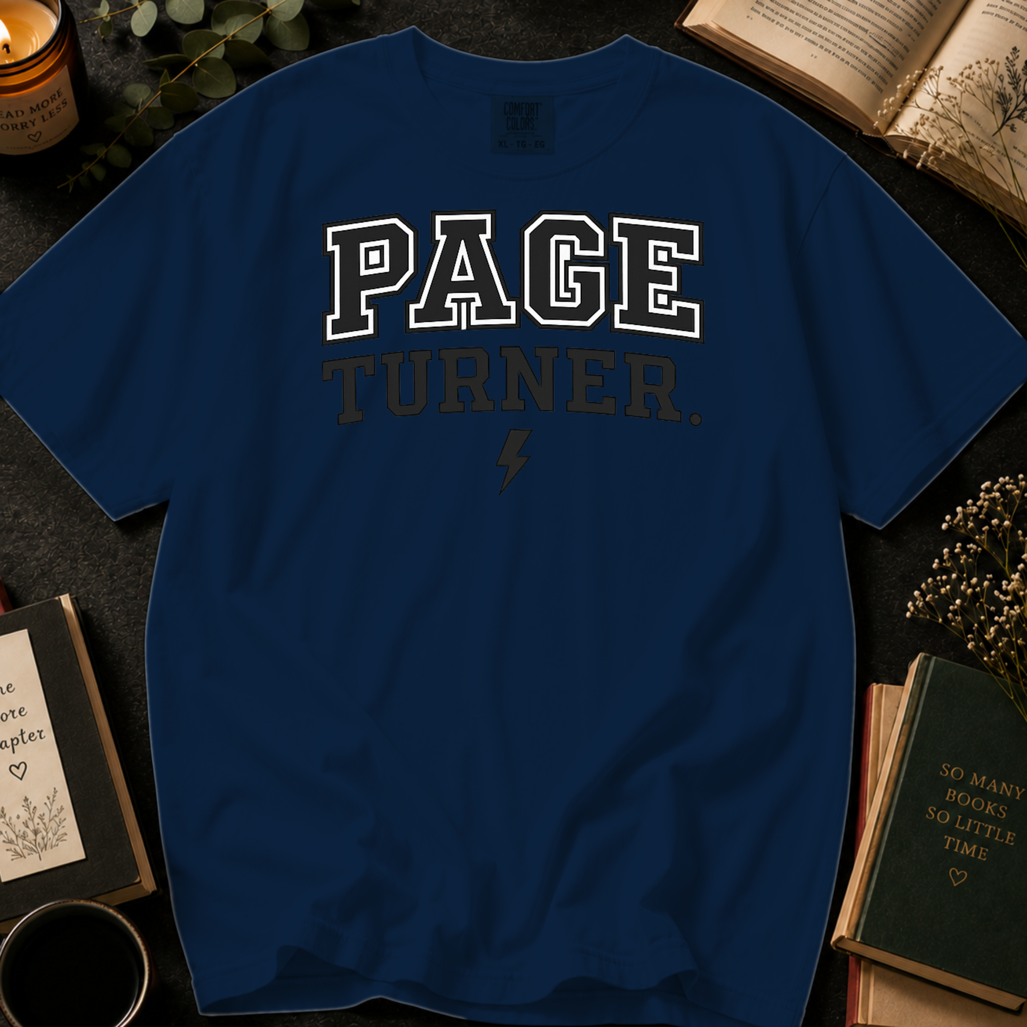 Page Turner T-Shirt: Varsity Style Book Lover in Navy - Comfort Colors® T-Shirt