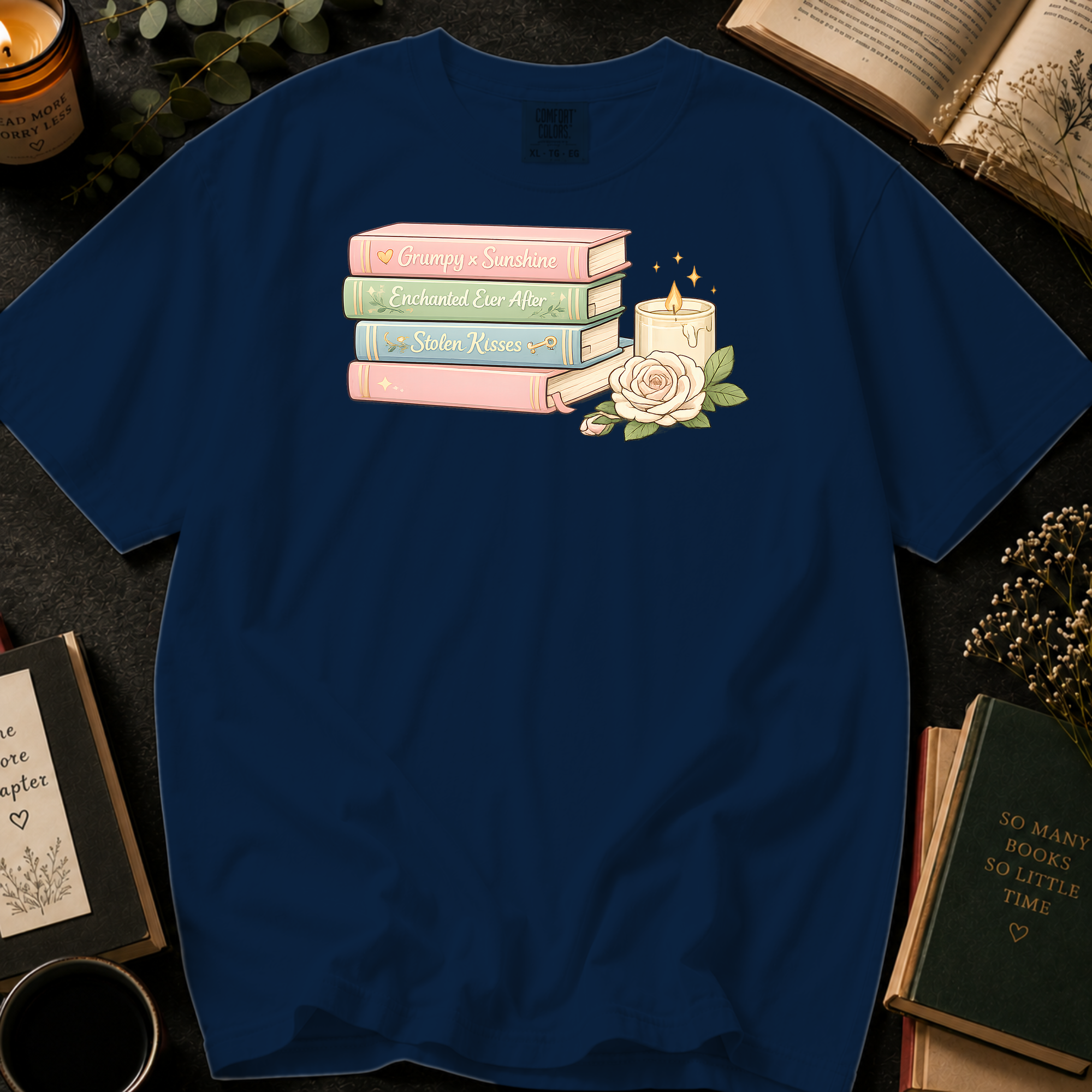 Grumpy x Sunshine T-Shirt: Pastel Romance Book Stack in Navy - Comfort Colors® T-Shirt