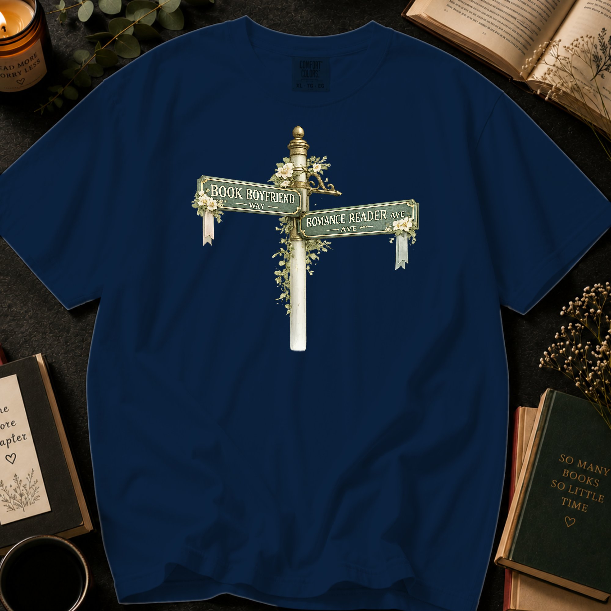 Book Boyfriend Way and Romance Reader Ave T-Shirt: Vintage Street Sign in Navy - Comfort Colors® T-Shirt