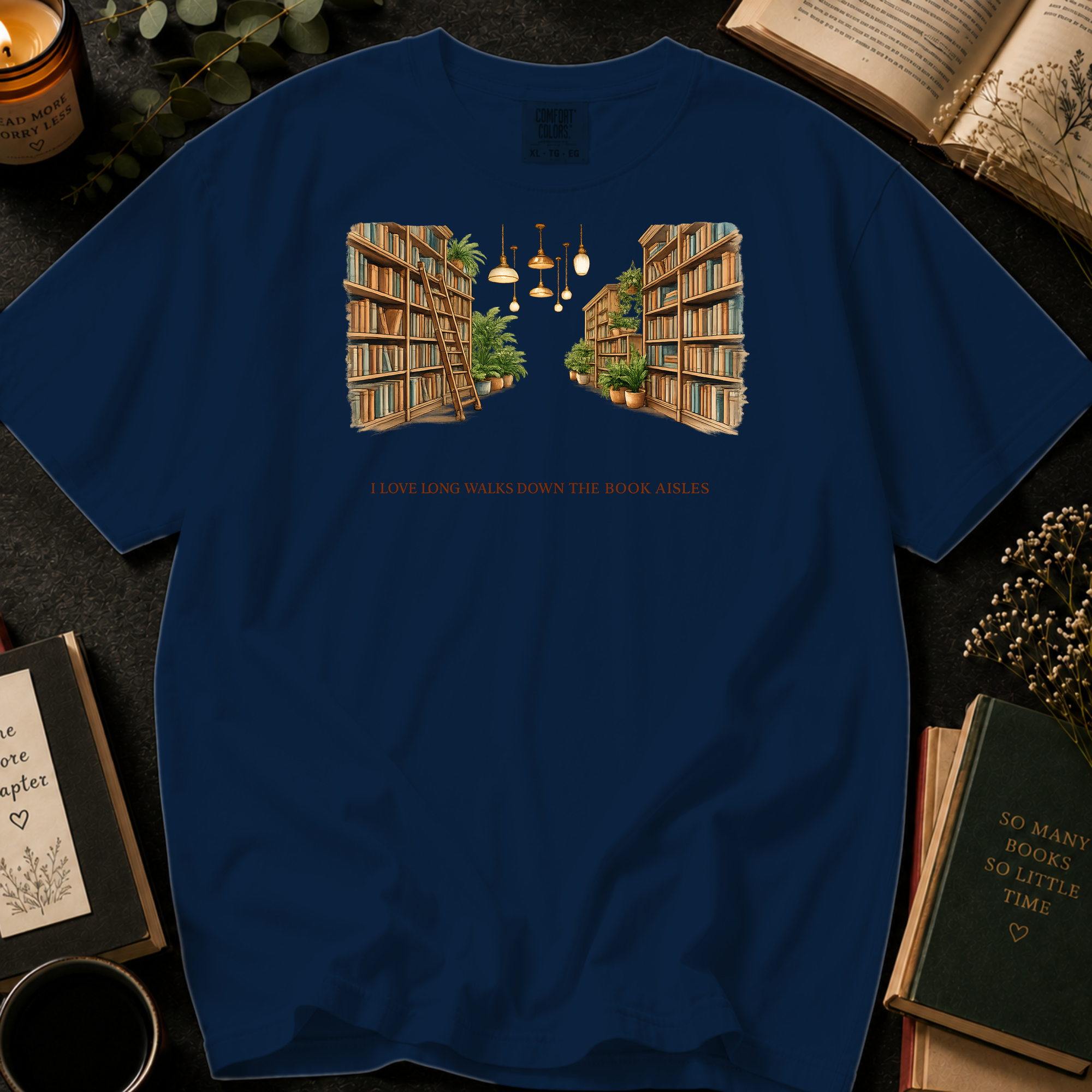 I Love Long Walks Down The Book Aisles T-Shirt: Cozy Library in Navy - Comfort Colors® T-Shirt