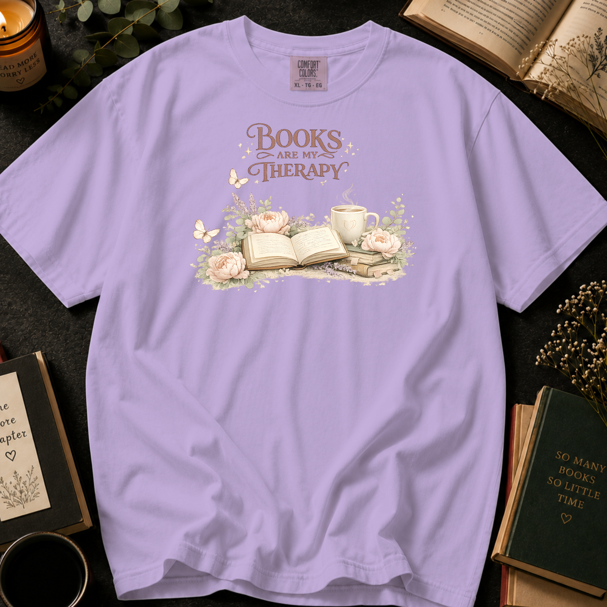 Books Are My Therapy T-Shirt: Floral Reading Nook in Orchid - Comfort Colors® T-Shirt