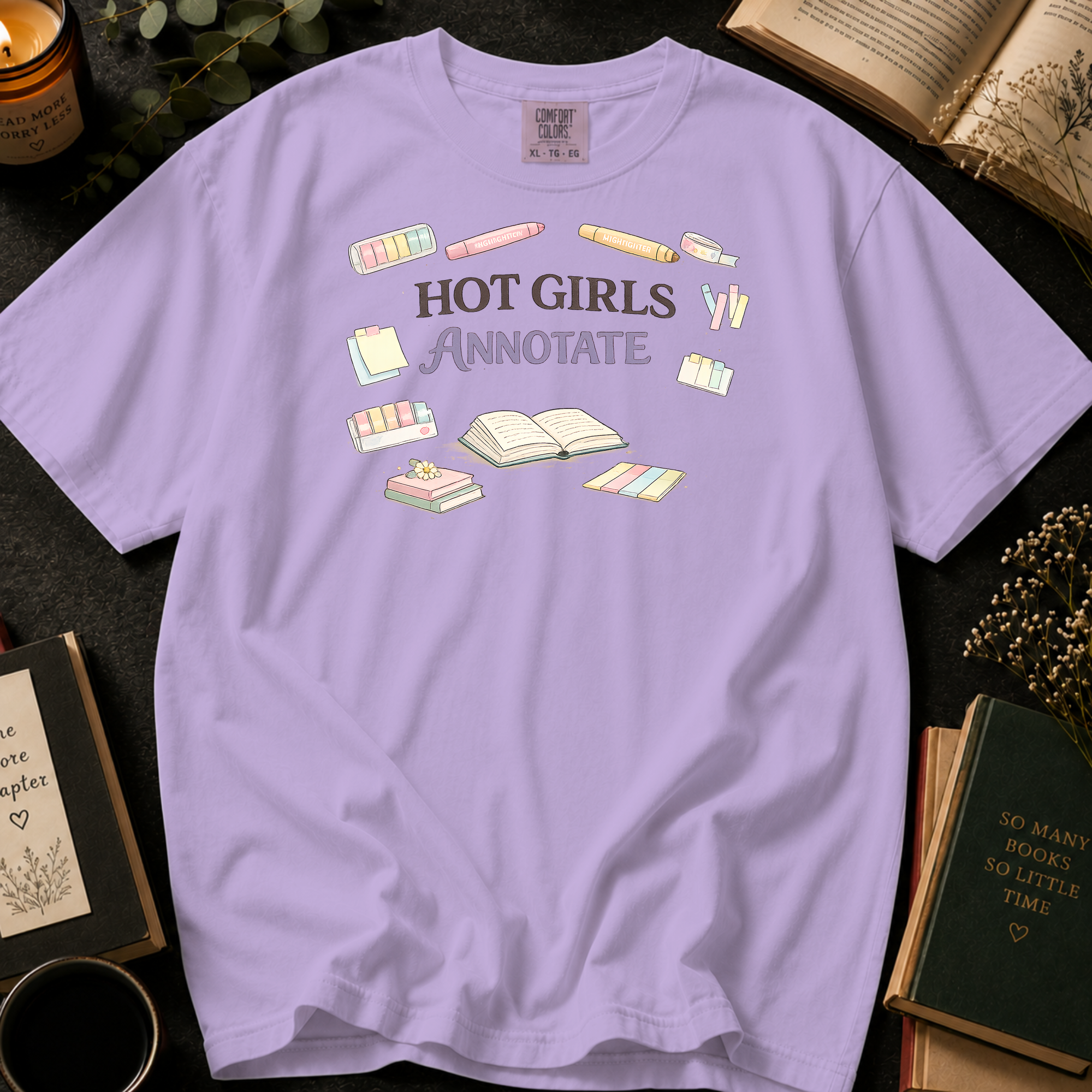 Hot Girls Annotate T-Shirt: Highlighters and Tabs in Orchid - Comfort Colors® T-Shirt