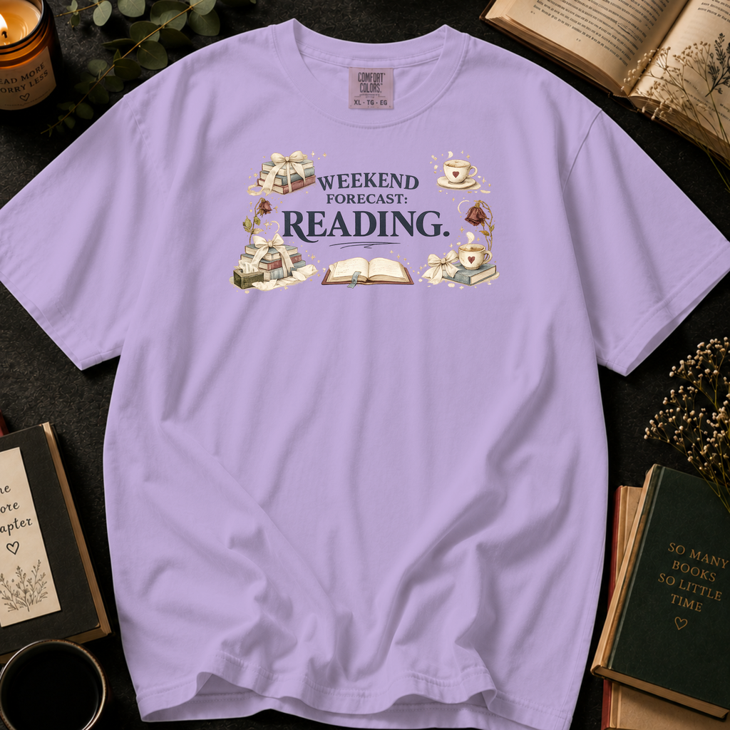Weekend Forecast Reading T-Shirt: Book Lover in Orchid - Comfort Colors® T-Shirt