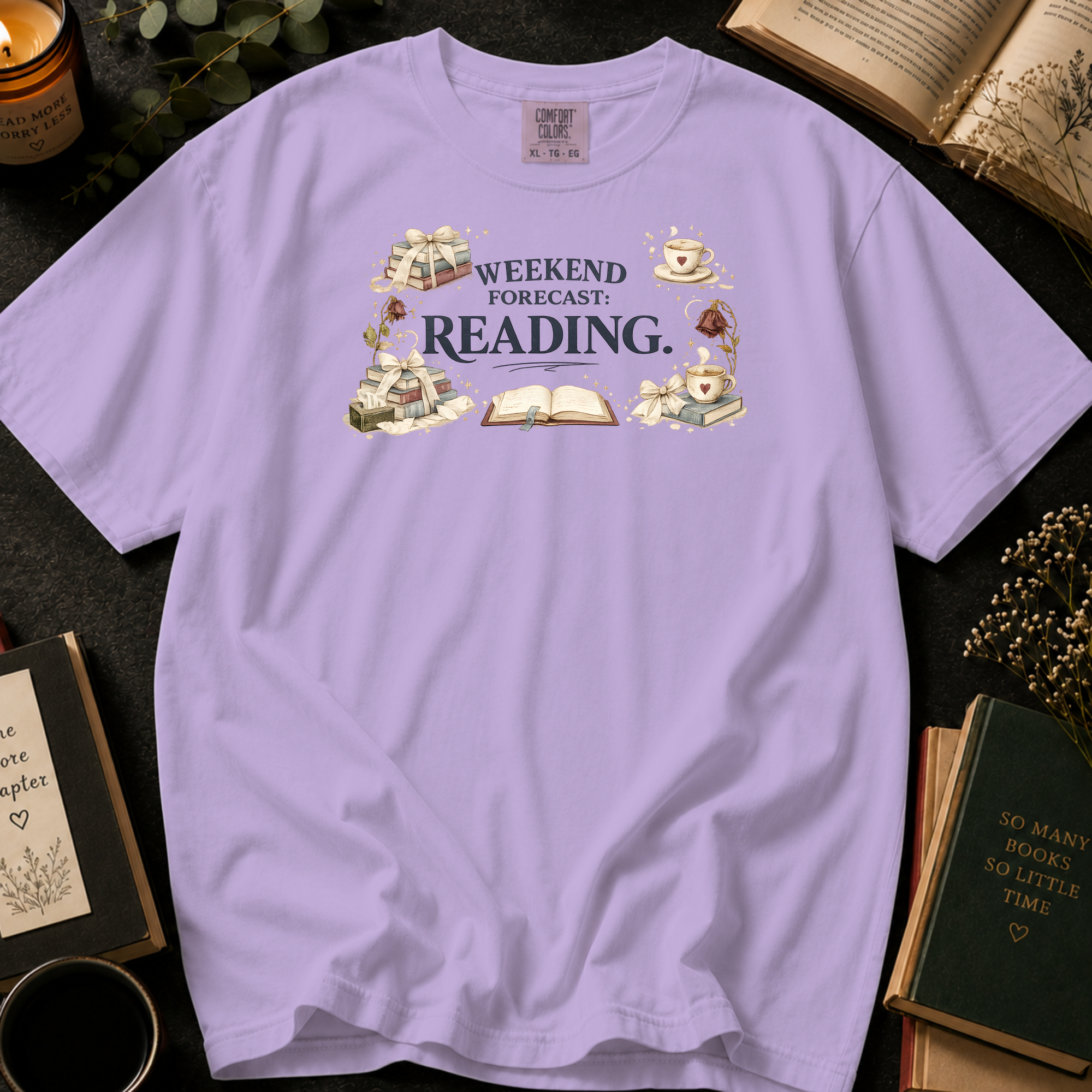 Weekend Forecast Reading T-Shirt: Book Lover in Orchid - Comfort Colors® T-Shirt